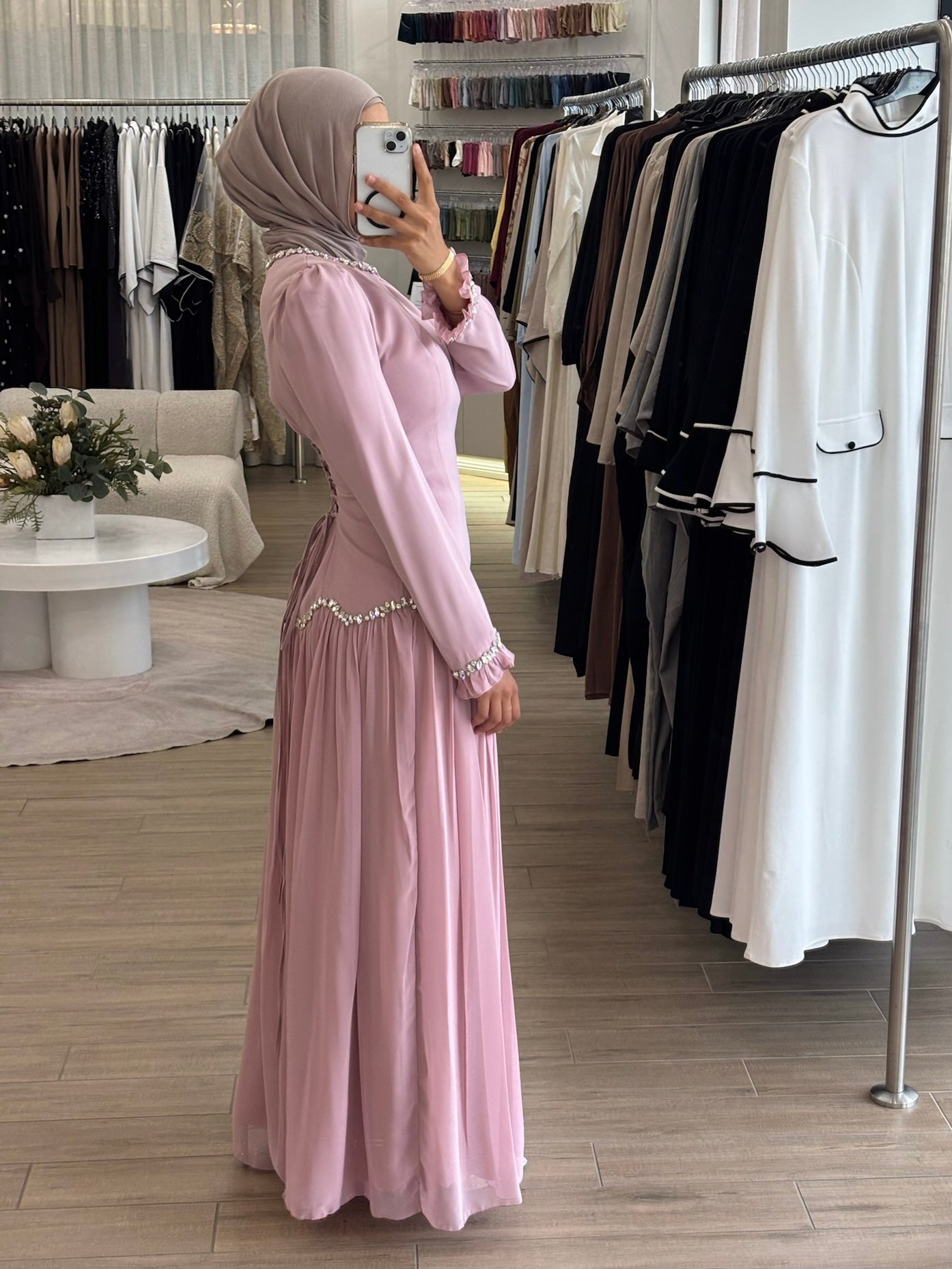 women's modest formal dress with full coverage, long sleeves, maxi full- length, features gem embellishment and fitted bodice with corset- style on the back. suitable for engagement, wedding guest, parties, events and formals. 