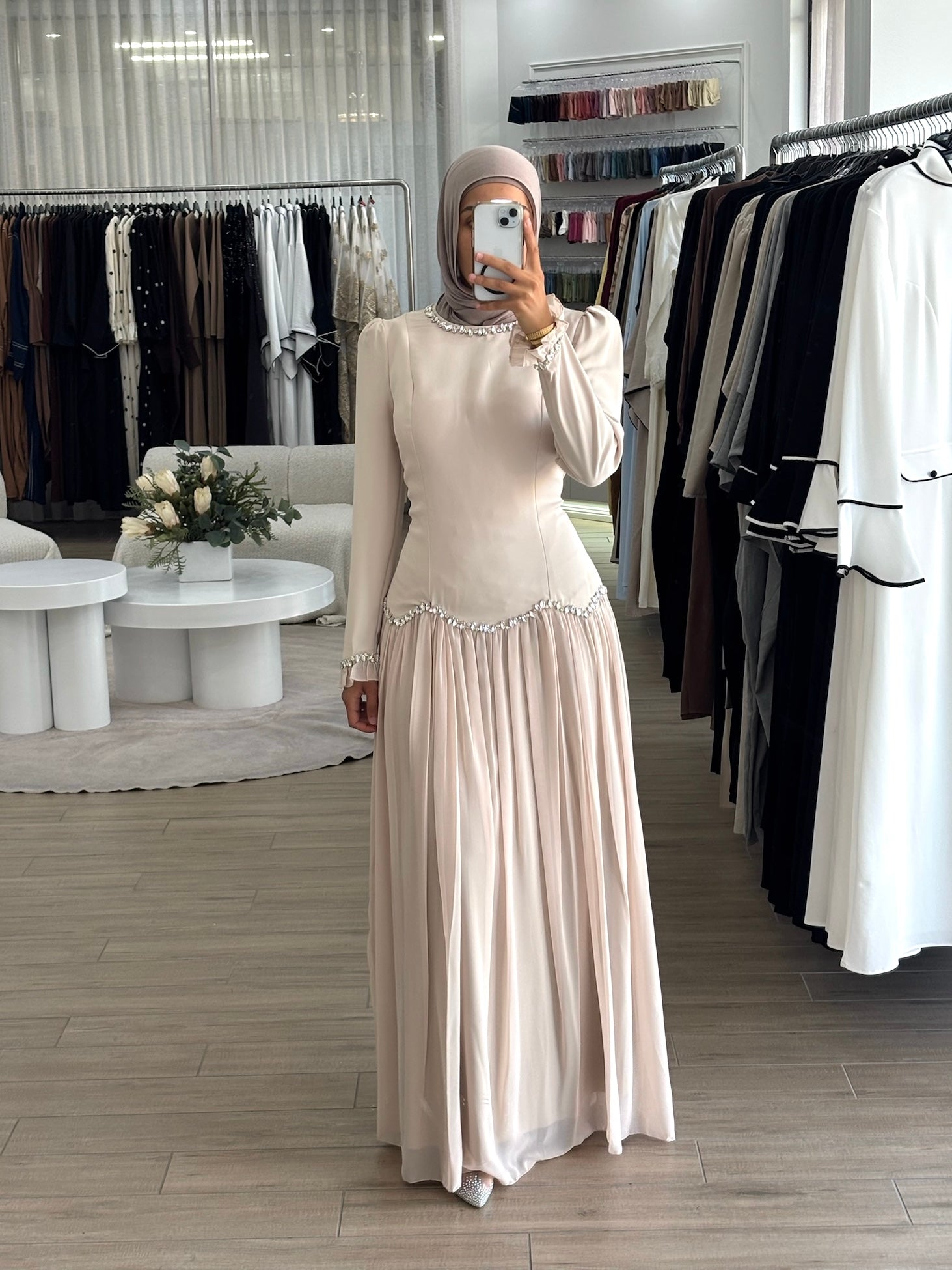 women's modest formal dress with full coverage, long sleeves, maxi full- length, features gem embellishment and fitted bodice with corset- style on the back. suitable for engagement, wedding guest, parties, events and formals. 