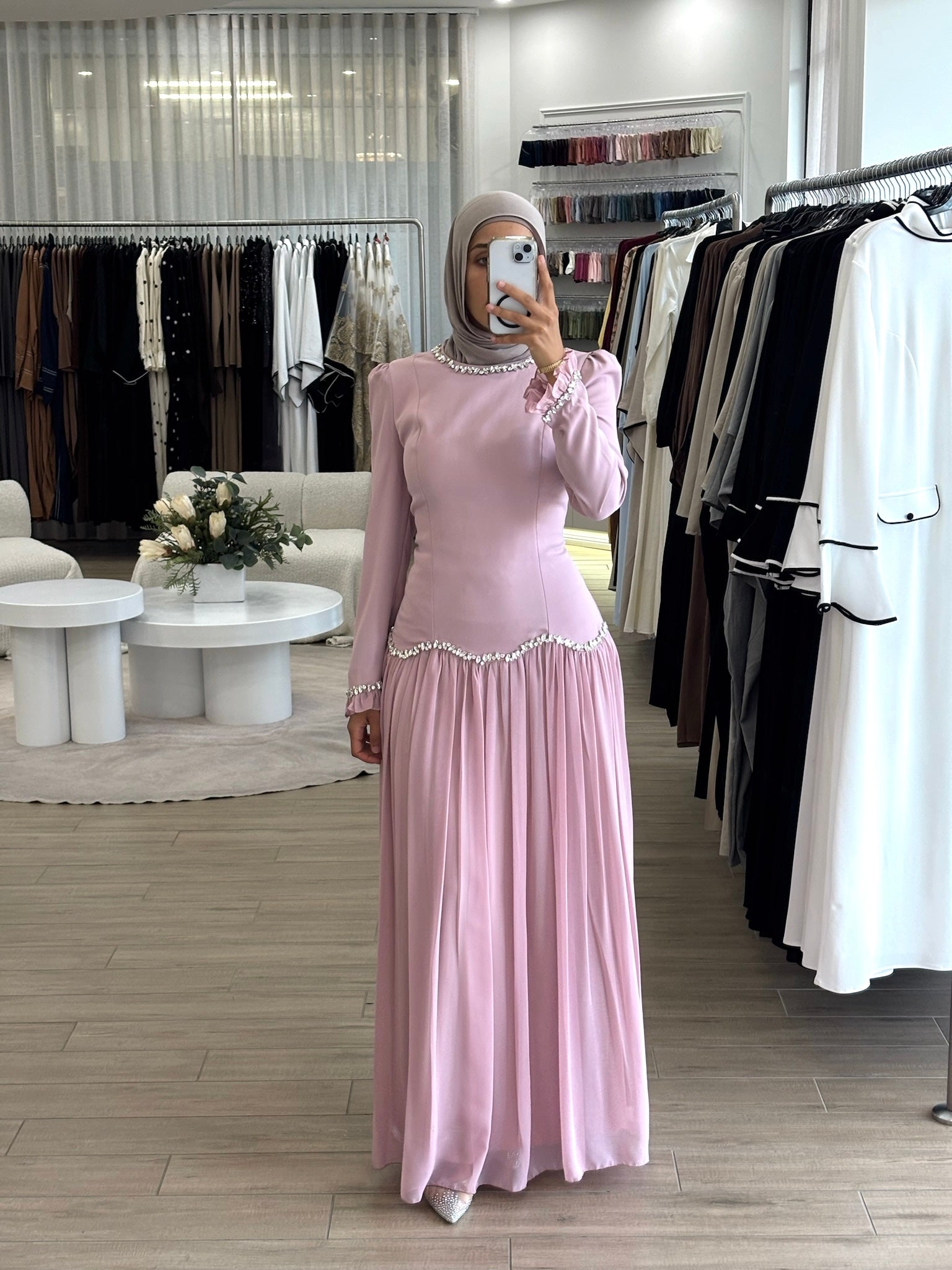 women's modest formal dress with full coverage, long sleeves, maxi full- length, features gem embellishment and fitted bodice with corset- style on the back. suitable for engagement, wedding guest, parties, events and formals. 
