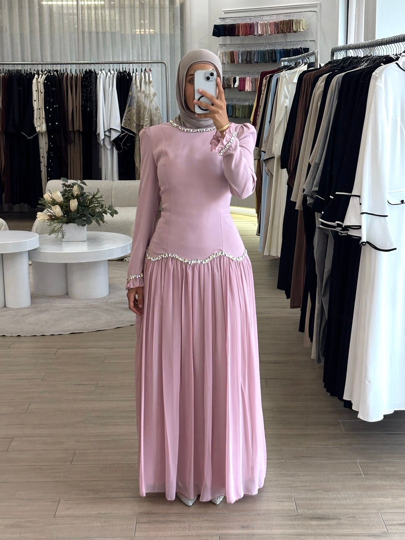 women's modest formal dress with full coverage, long sleeves, maxi full- length, features gem embellishment and fitted bodice with corset- style on the back. suitable for engagement, wedding guest, parties, events and formals. 