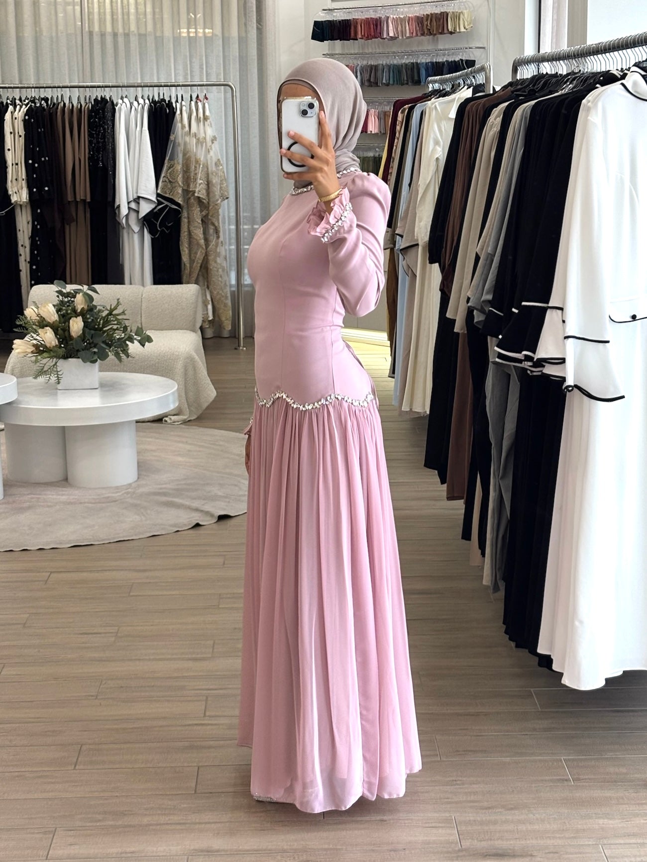 women's modest formal dress with full coverage, long sleeves, maxi full- length, features gem embellishment and fitted bodice with corset- style on the back. suitable for engagement, wedding guest, parties, events and formals. 