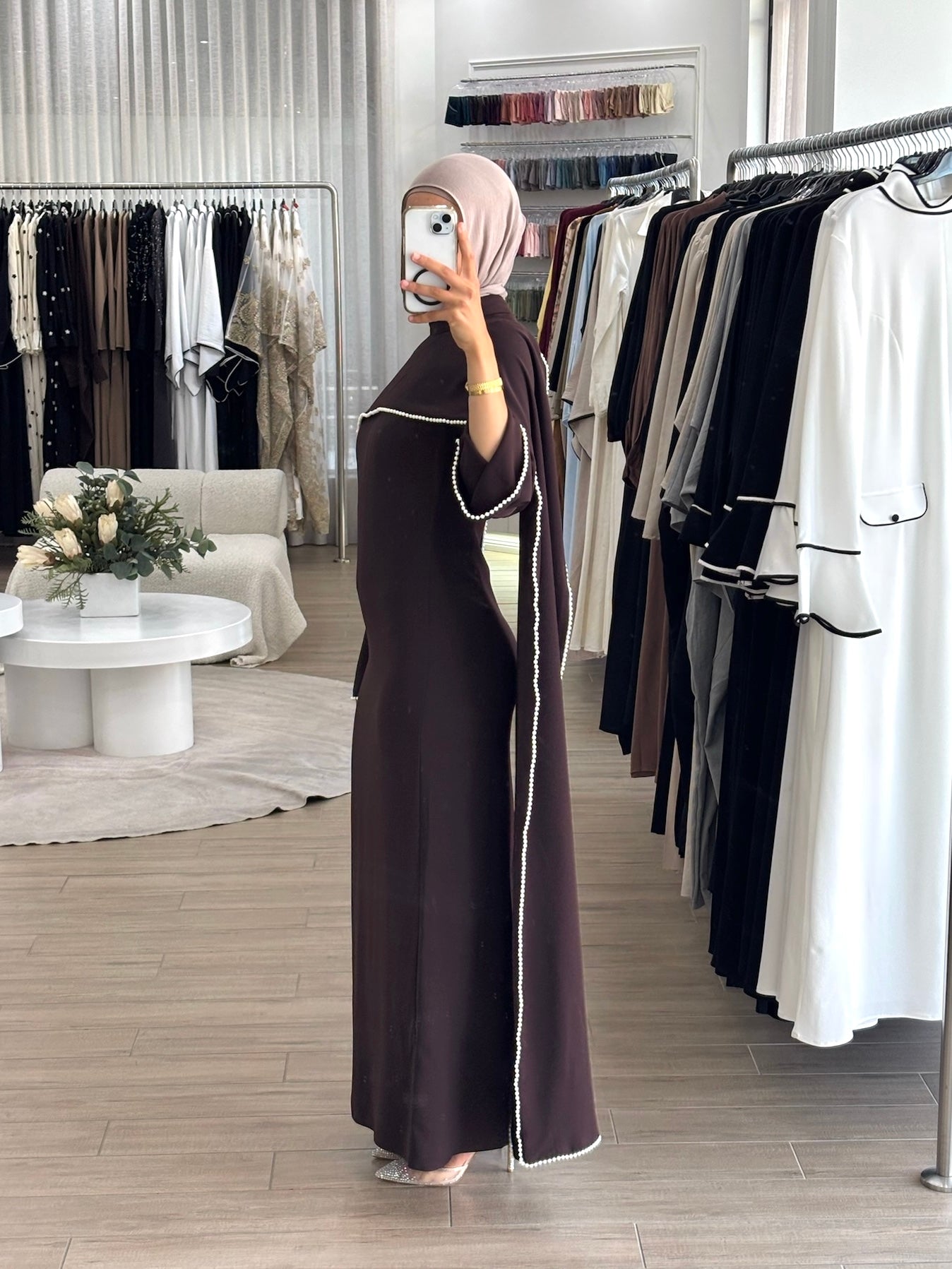 women's formal dress in chocolate featuring delicate pearl embellishments and a flowing modest silhouette, perfect for formal occasions.