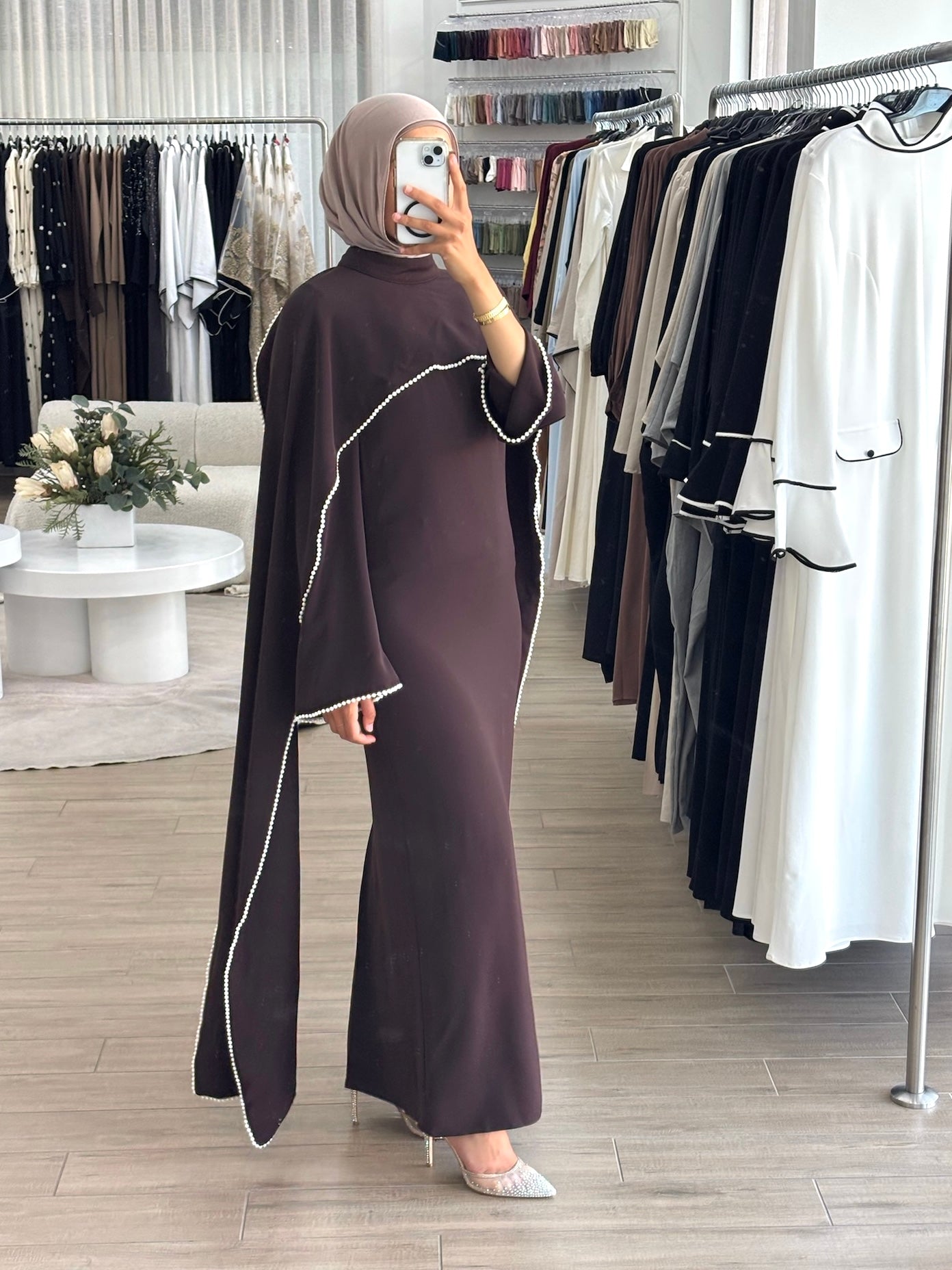 women's formal dress in chocolate featuring delicate pearl embellishments and a flowing modest silhouette, perfect for formal occasions.