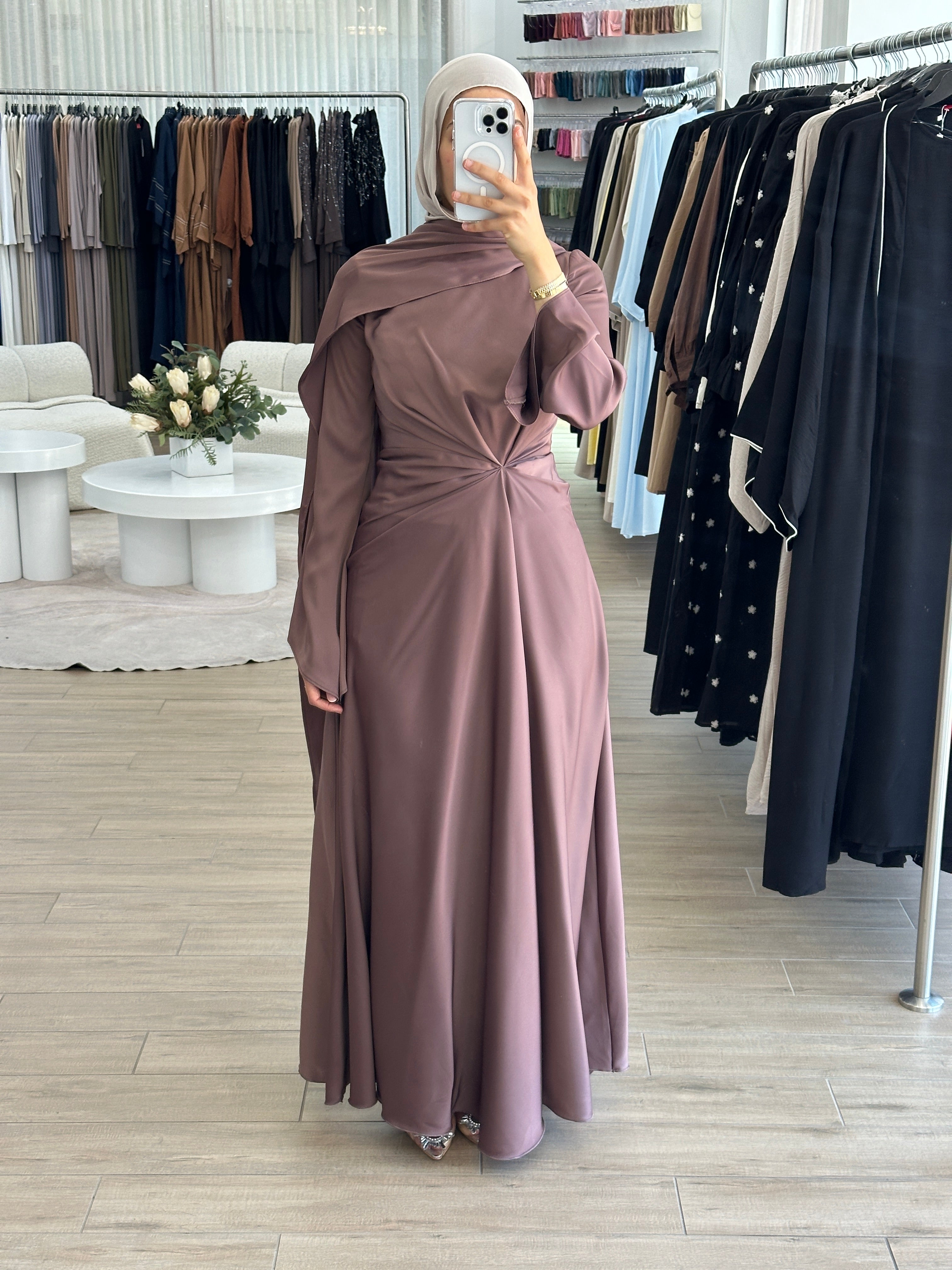 women's formal dress in satin with long sleeves and full length, maxi for modest fashion and hijabis. suitable for formals, engagement, weddings, parties and any occasion. 