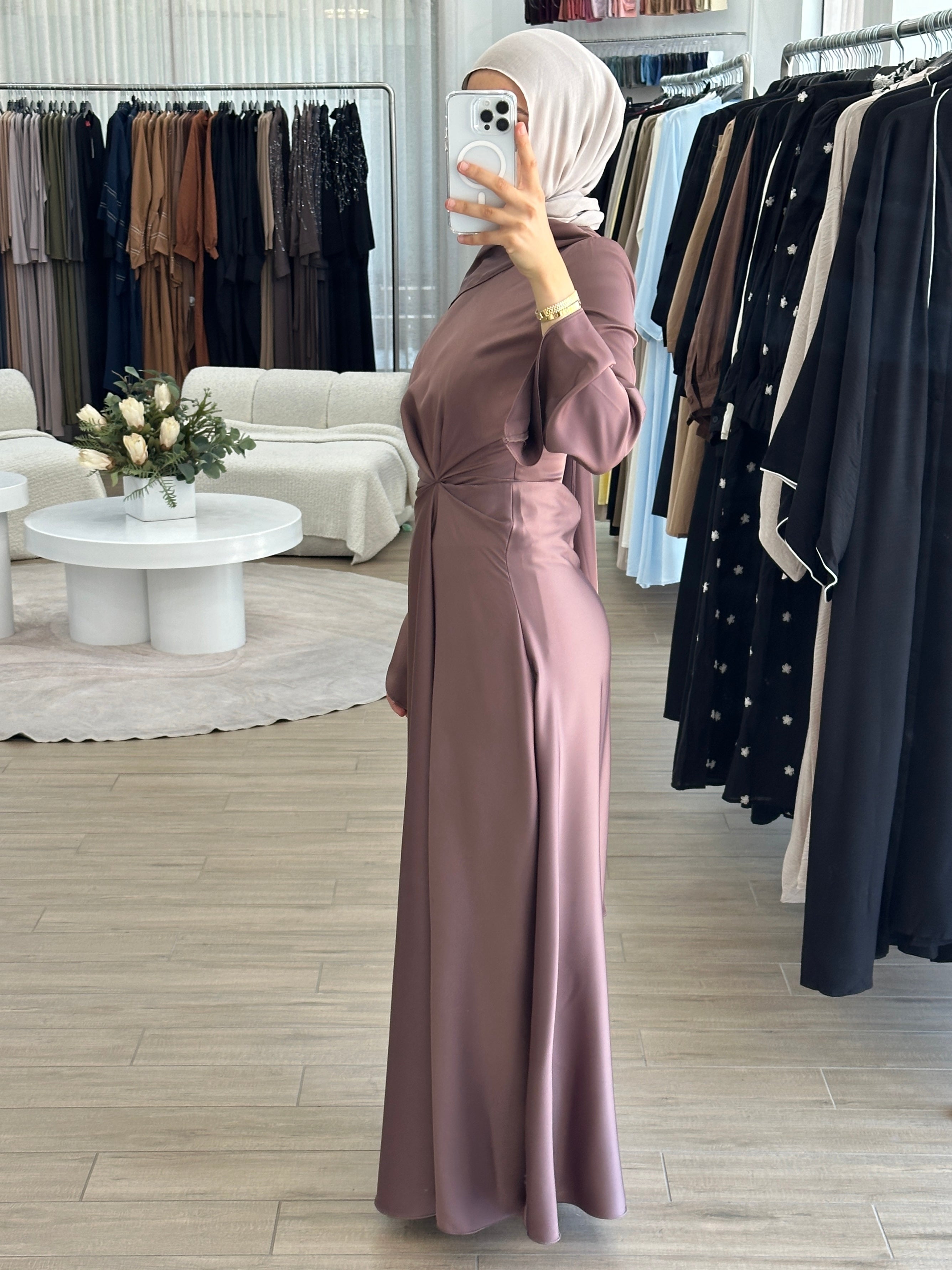 women's formal dress in satin with long sleeves and full length, maxi for modest fashion and hijabis. suitable for formals, engagement, weddings, parties and any occasion. 