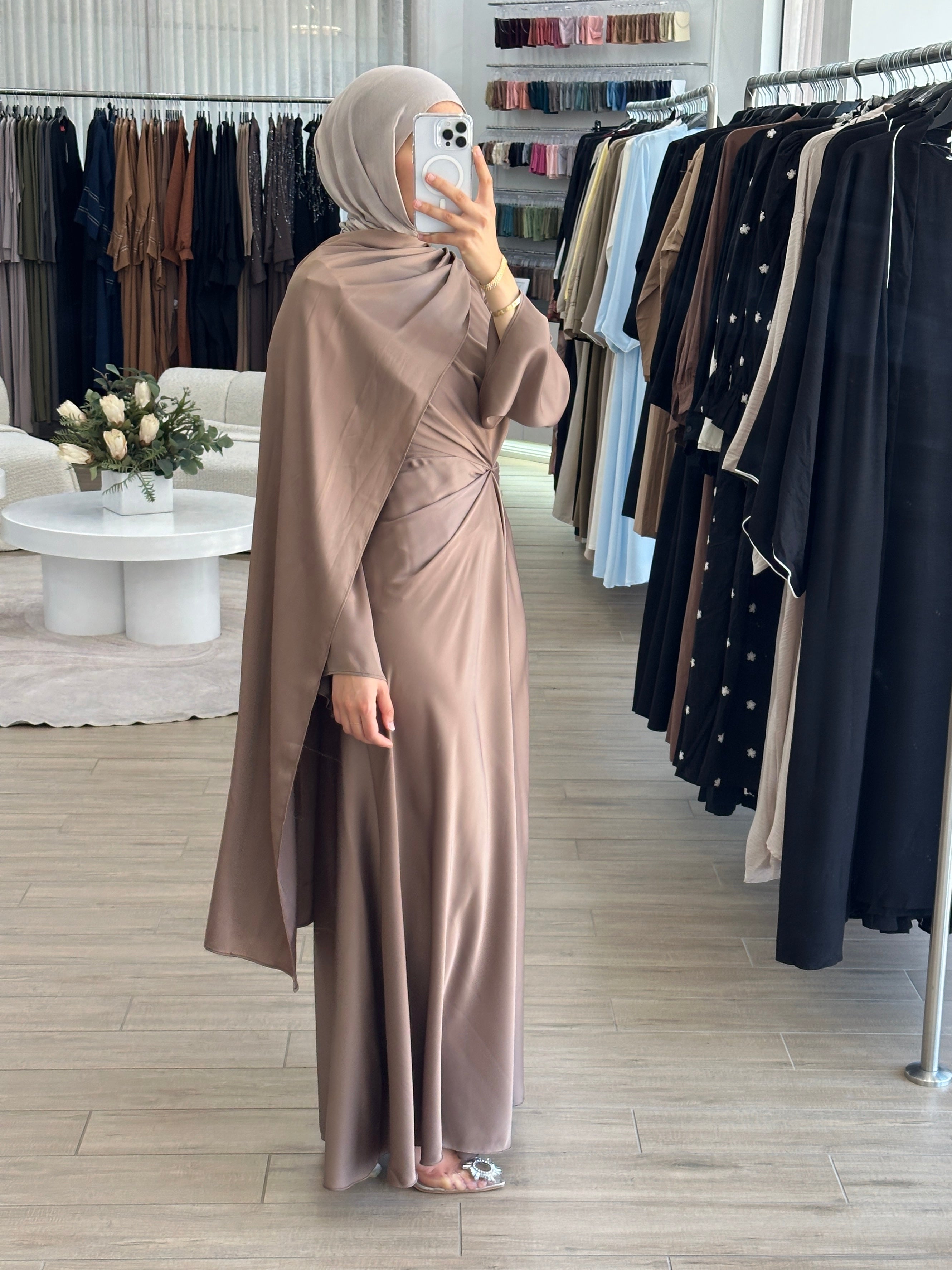 women's formal dress in satin with long sleeves and full length, maxi for modest fashion and hijabis. suitable for formals, engagement, weddings, parties and any occasion. 