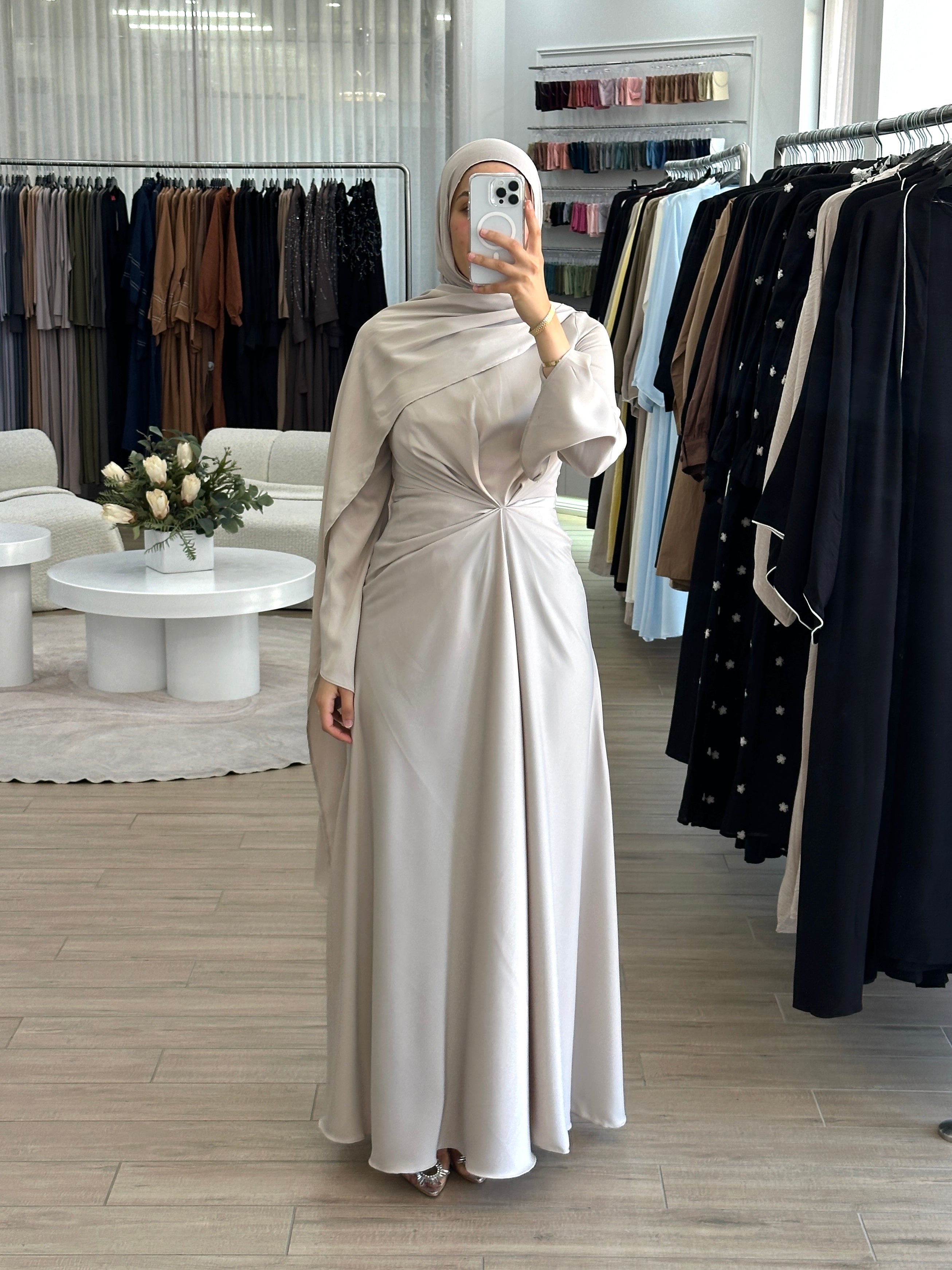 women's formal dress in satin with long sleeves and full length, maxi for modest fashion and hijabis. suitable for formals, engagement, weddings, parties and any occasion. 