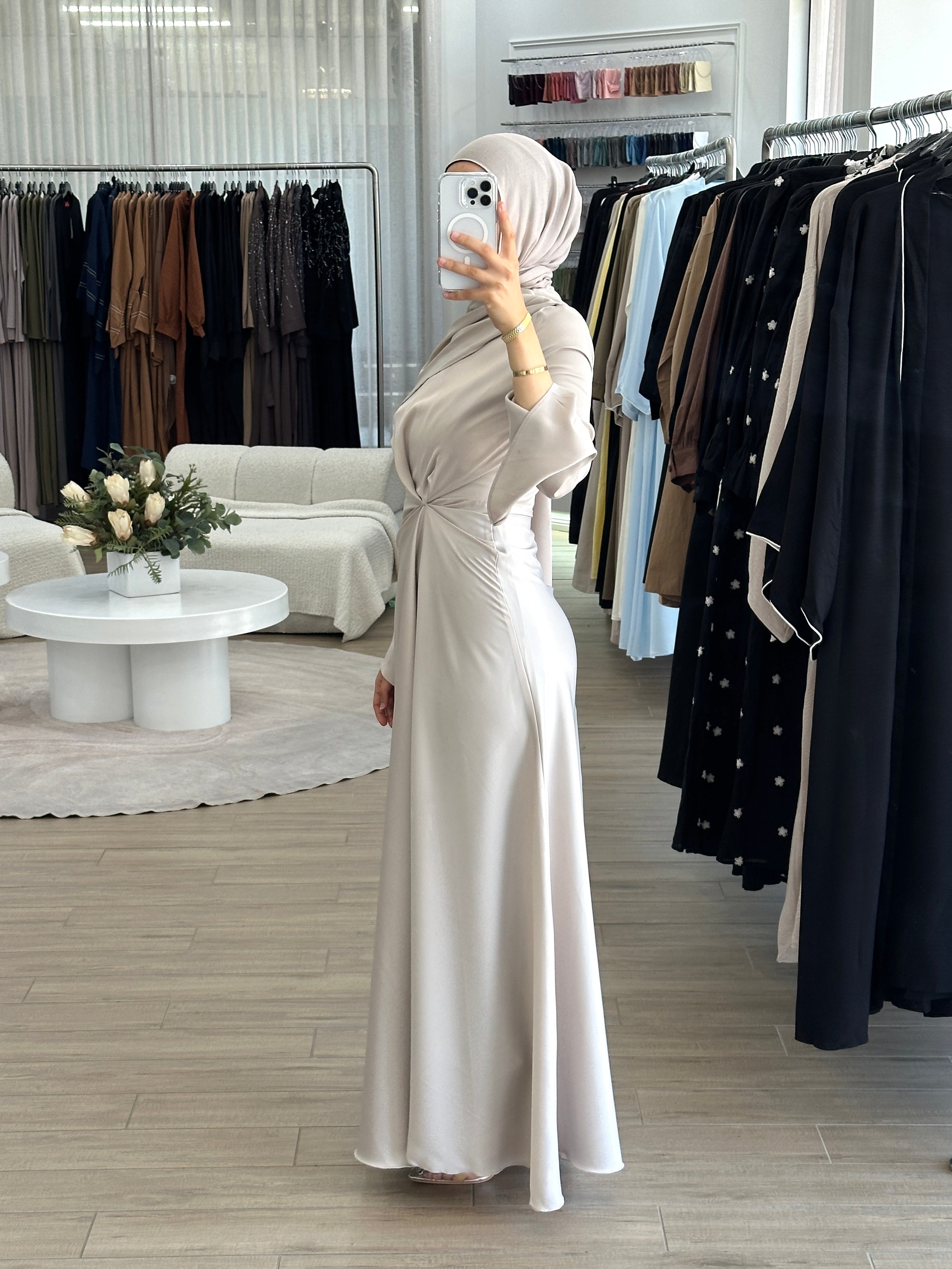 women's formal dress in satin with long sleeves and full length, maxi for modest fashion and hijabis. suitable for formals, engagement, weddings, parties and any occasion. 