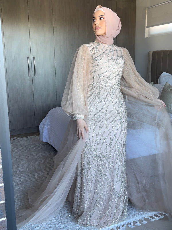 Satin Grey Hijab Islamic Evening Gown 28890GR - Neva-style.com