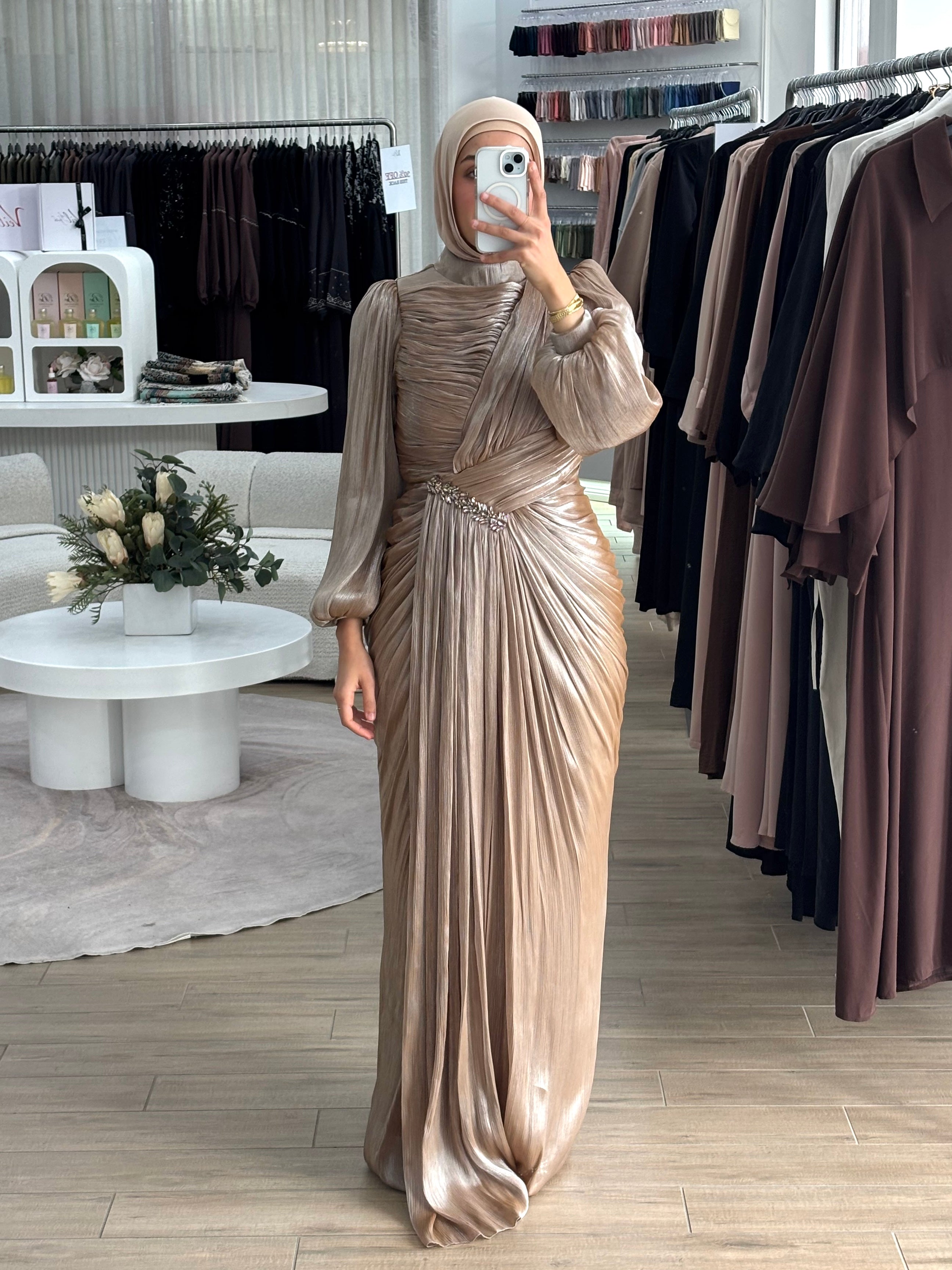 ALORA METALLIC FORMAL DRESS- CARAMEL
