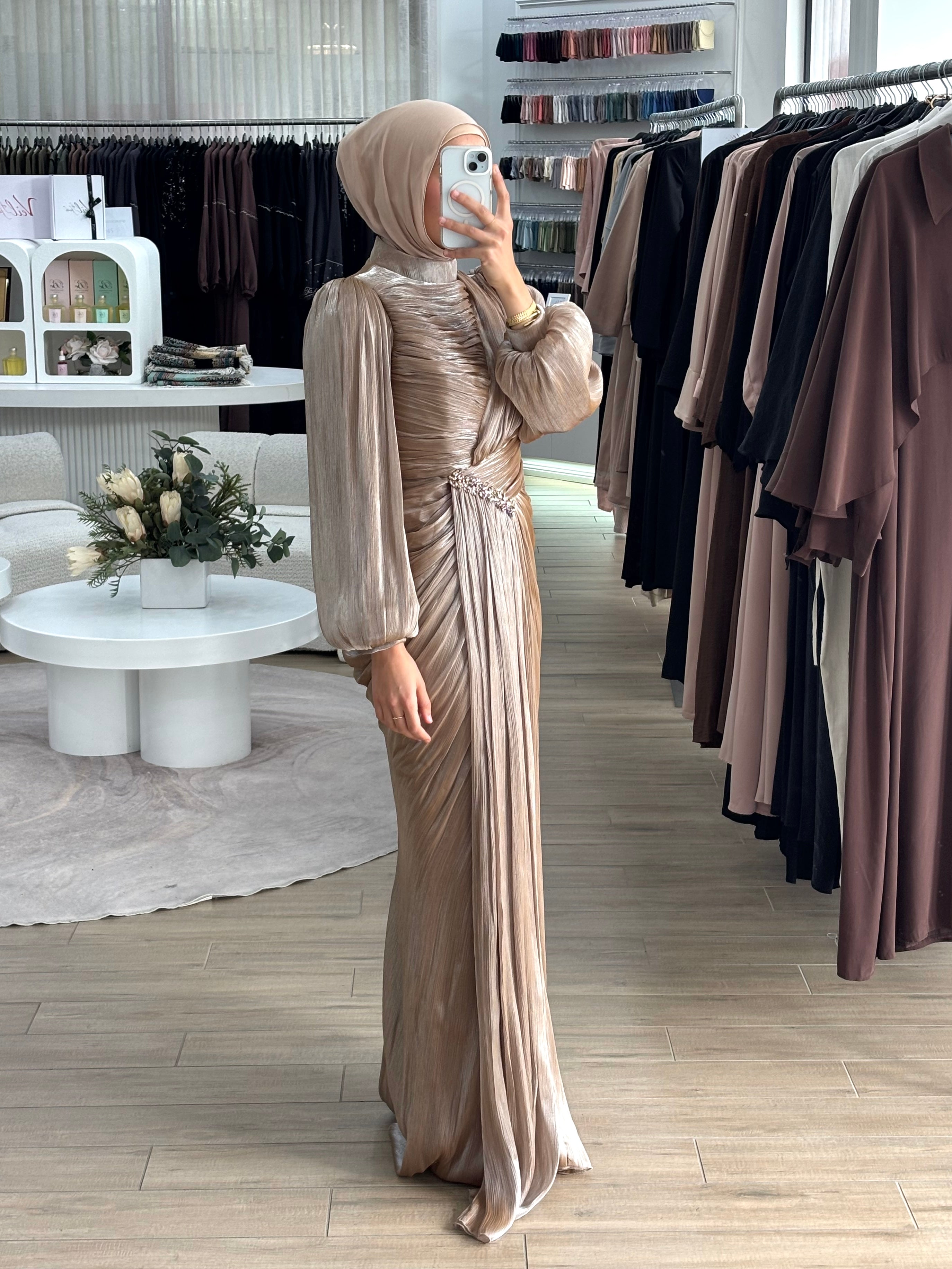 ALORA METALLIC FORMAL DRESS- CARAMEL