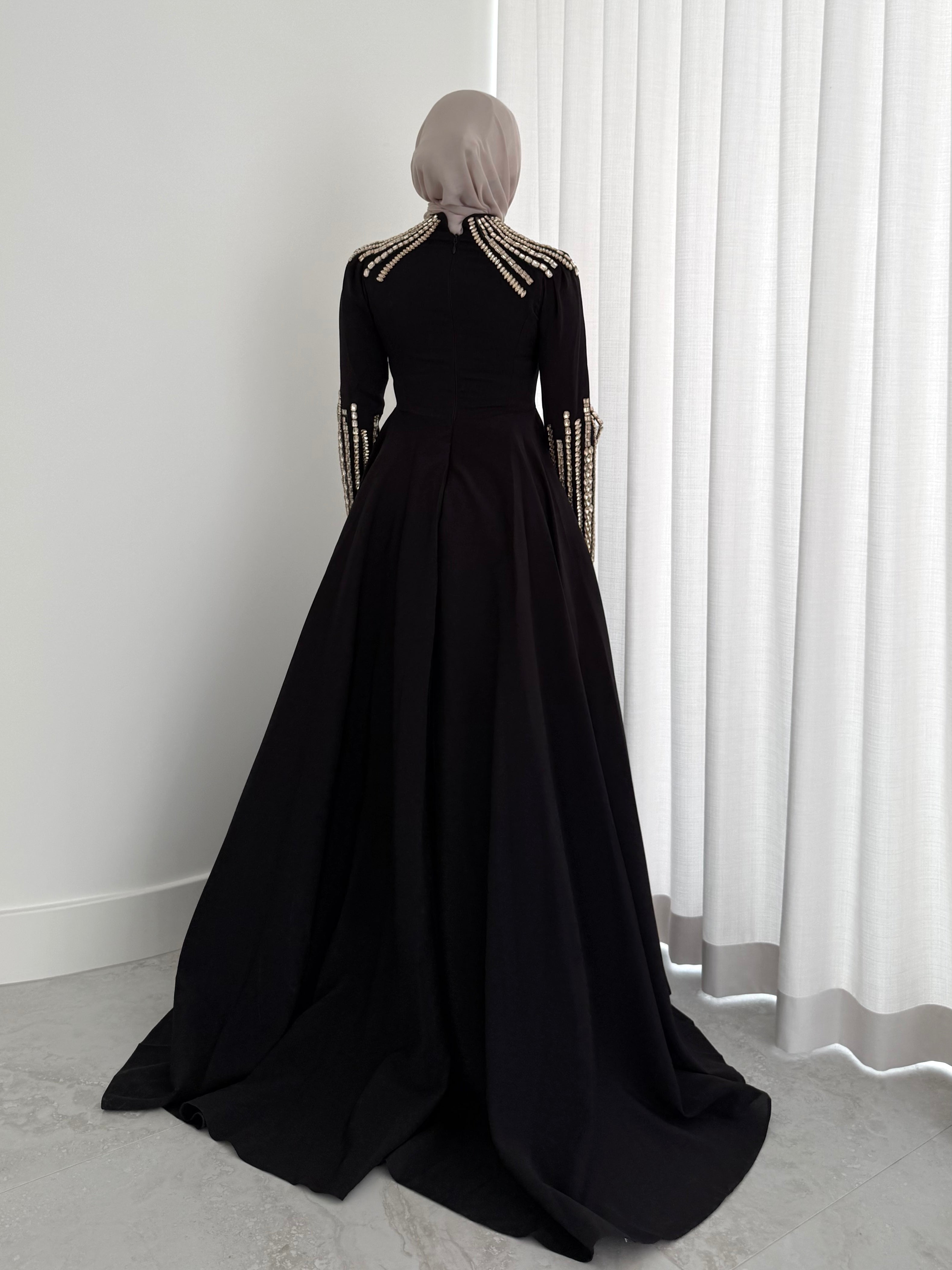 women's formal dress- maxi, full length with long sleeves and offers modest coverage with gold embellishment. Suitable to wear for occasions, engagement, wedding, formals etc. 