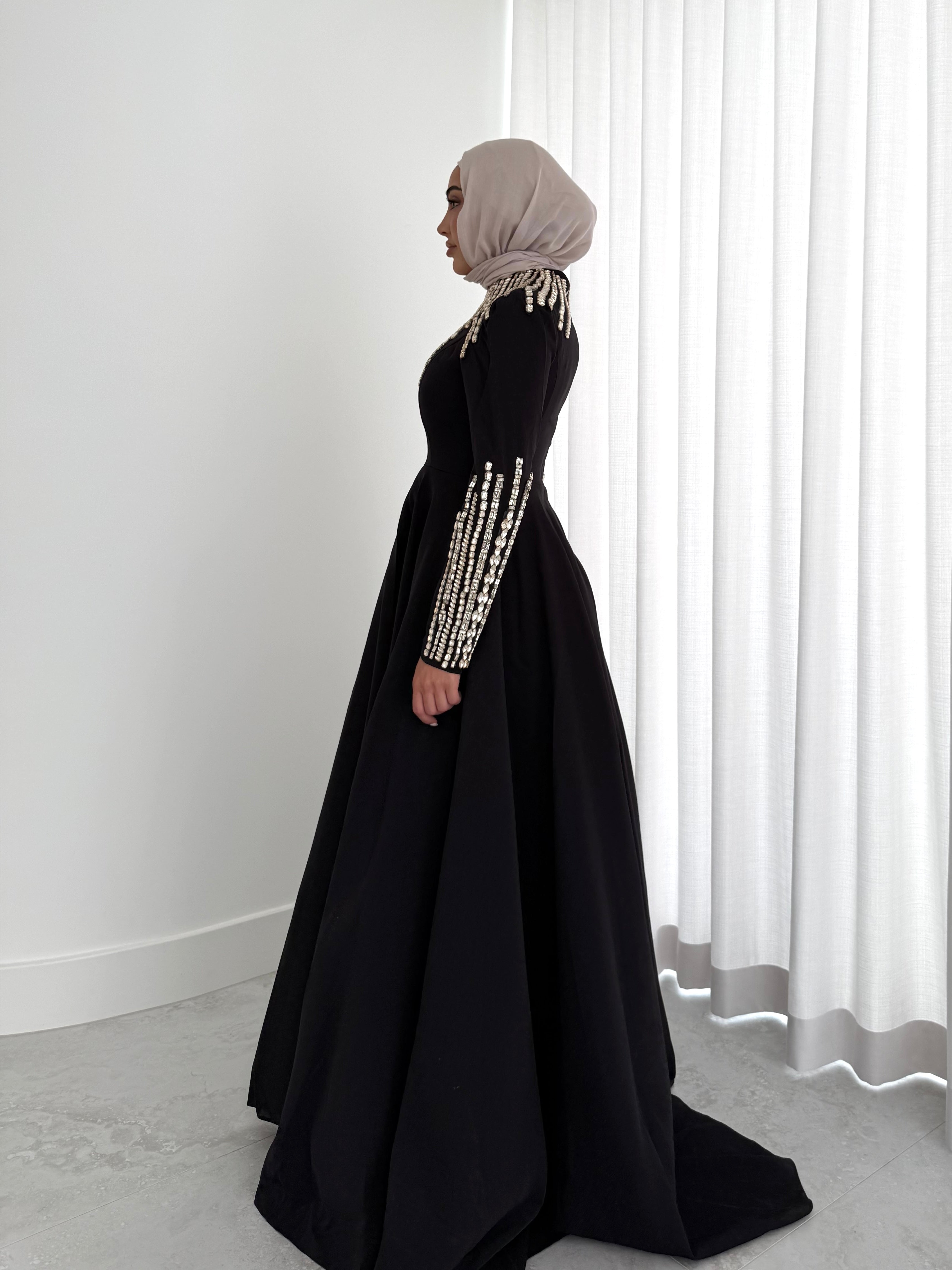 women's formal dress- maxi, full length with long sleeves and offers modest coverage with gold embellishment. Suitable to wear for occasions, engagement, wedding, formals etc. 