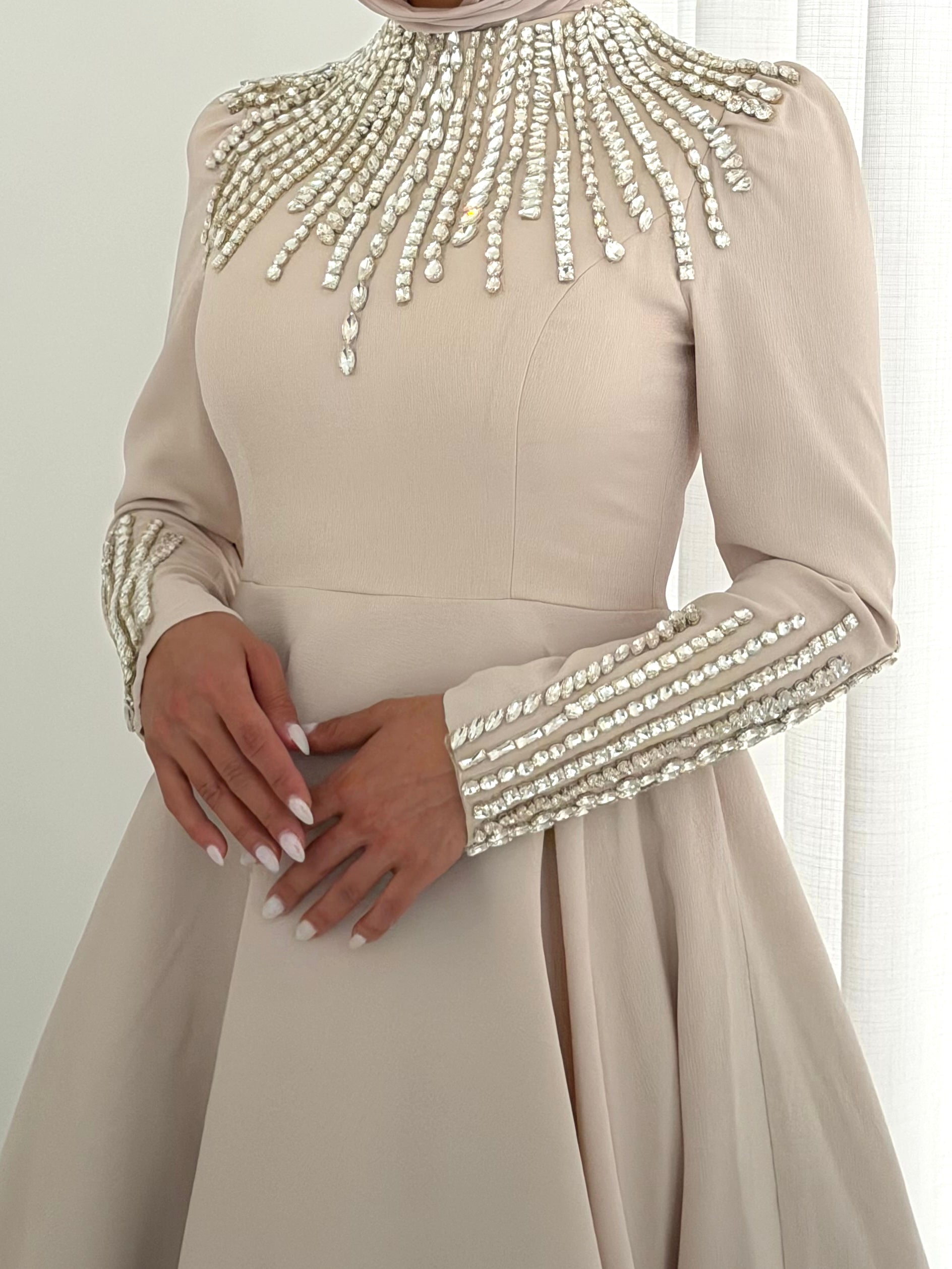 women's formal dress- maxi, full length with long sleeves and offers modest coverage with gold embellishment. Suitable to wear for occasions, engagement, wedding, formals etc. 