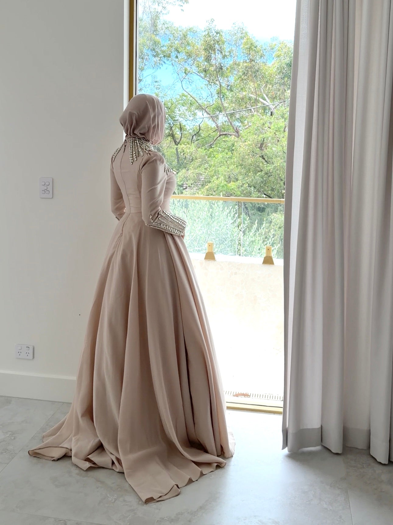women's formal dress- maxi, full length with long sleeves and offers modest coverage with gold embellishment. Suitable to wear for occasions, engagement, wedding, formals etc. 