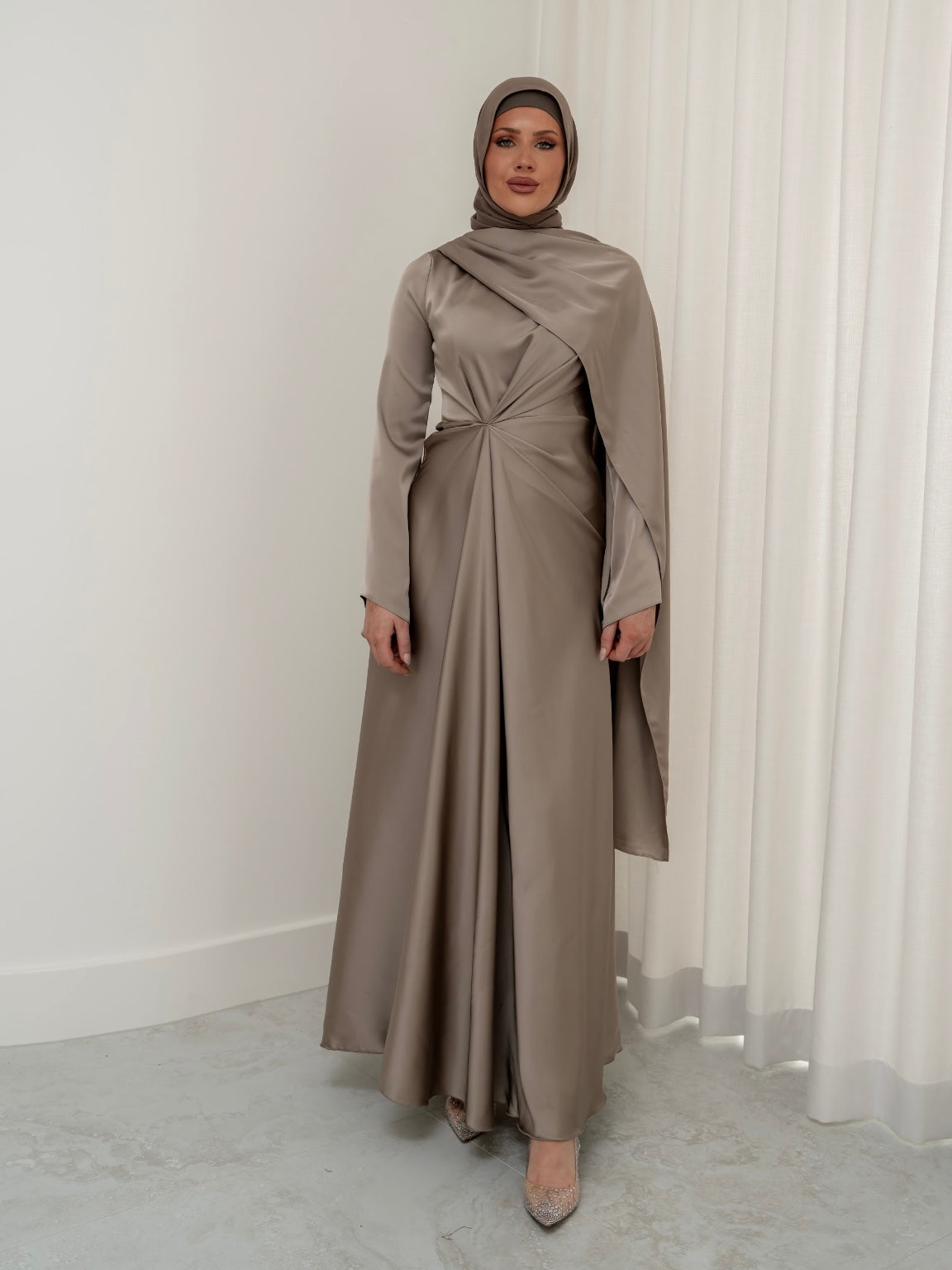AURORA DRAPE FORMAL DRESS- TAUPE
