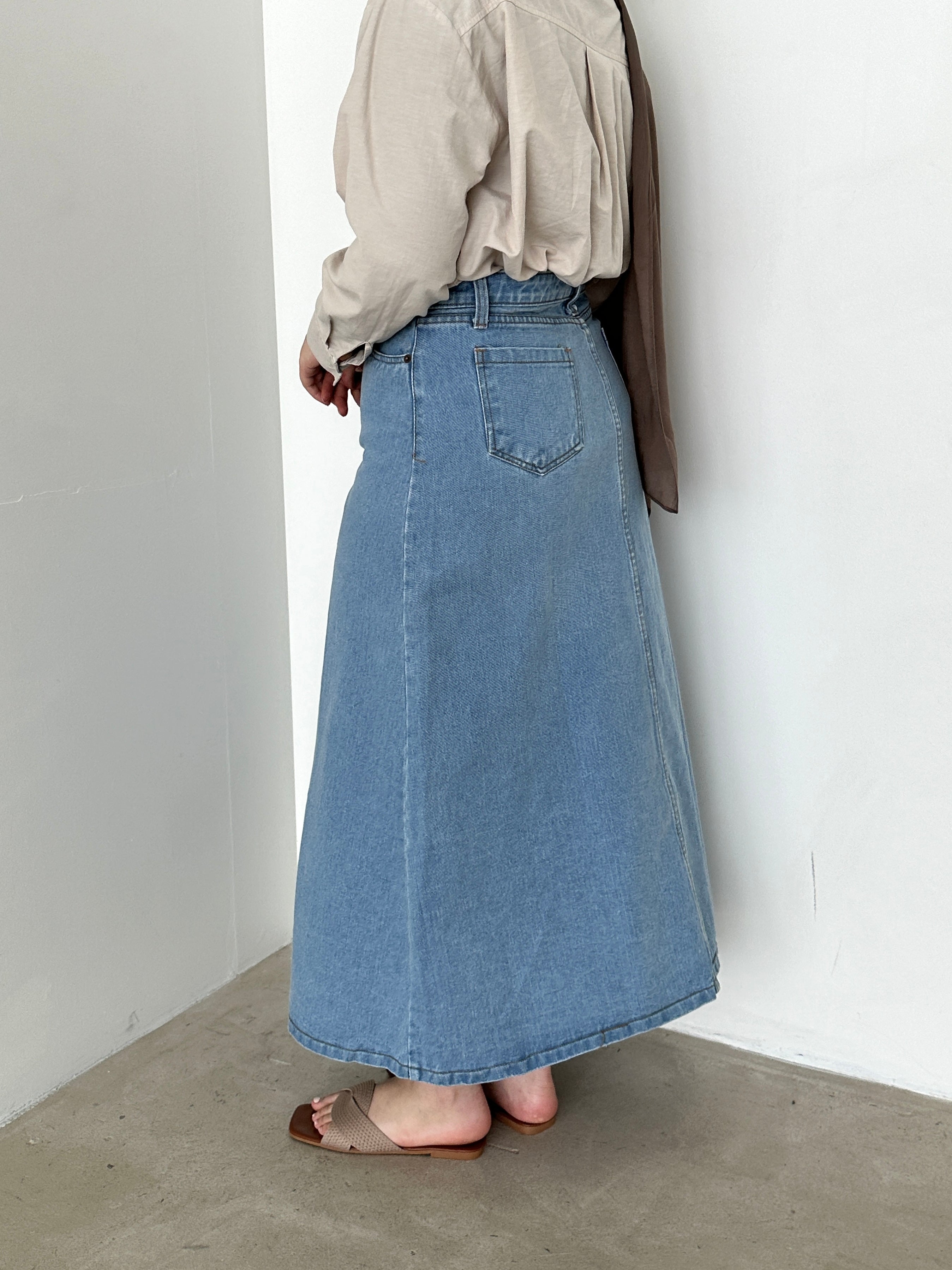 Lightweight cotton denim skirt zip button front closure modest hem