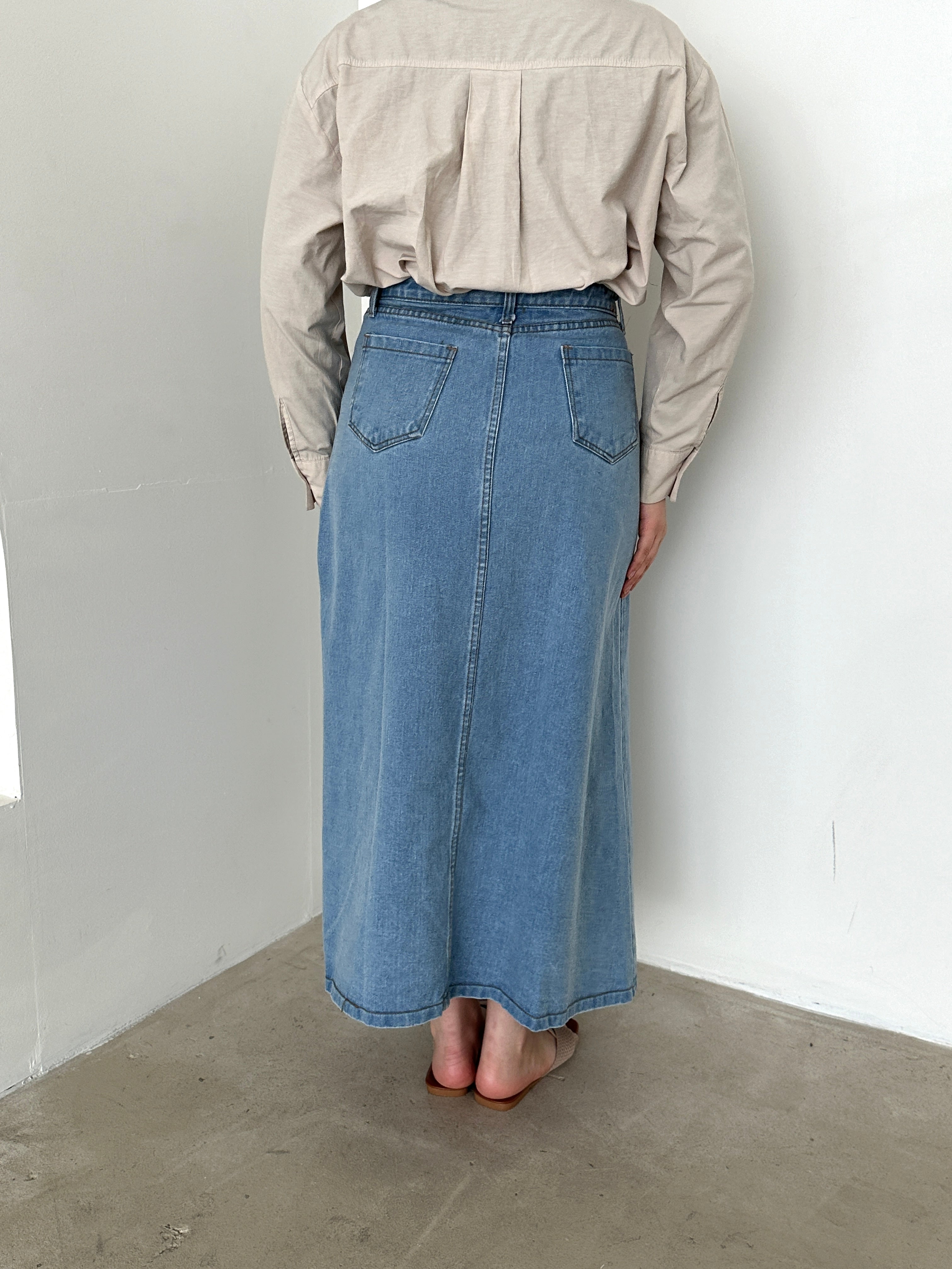 Lightweight cotton denim skirt zip button front closure modest hem