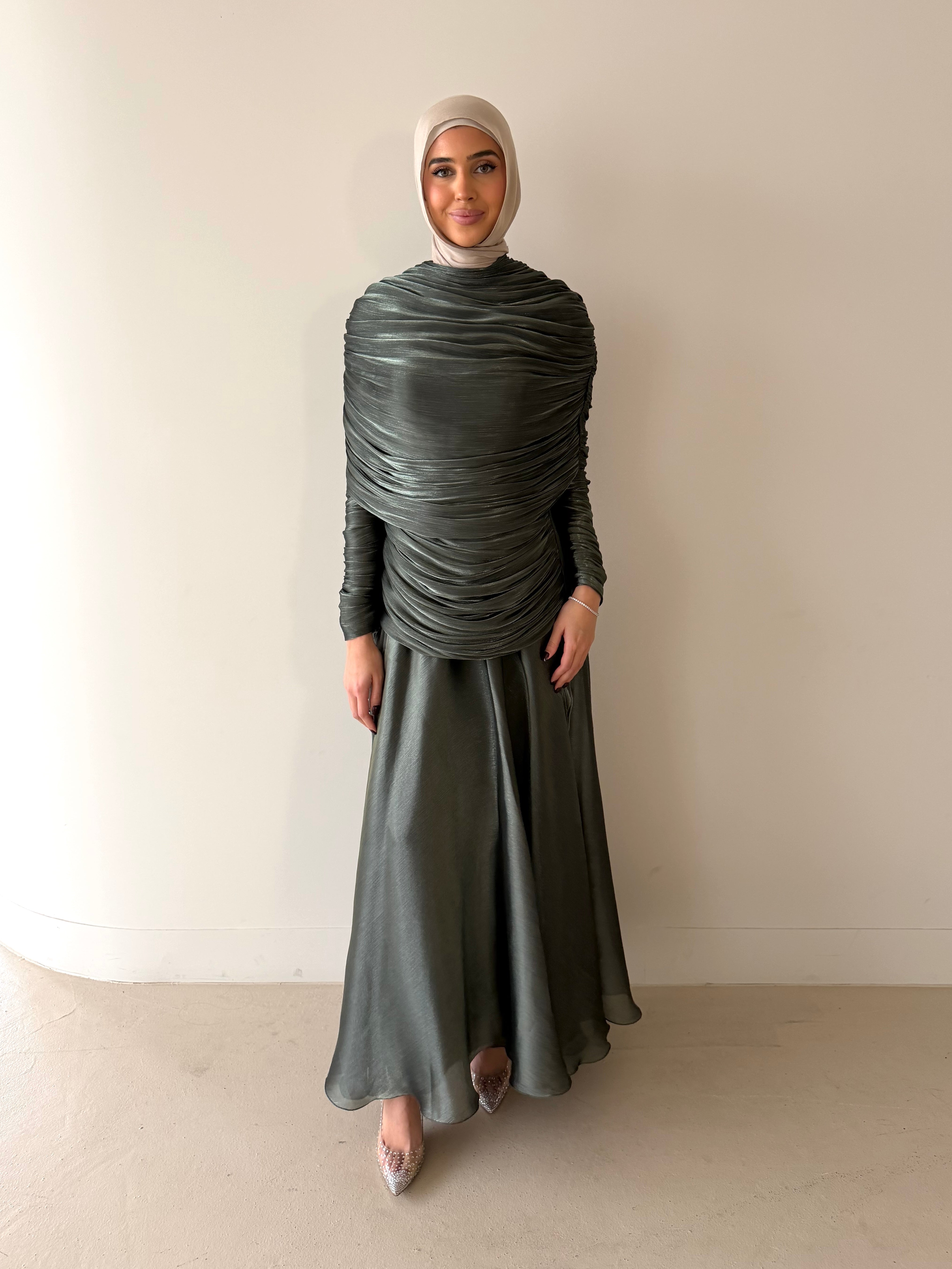 LAYALI SHIMMER FORMAL DRESS- METALLIC SAGE