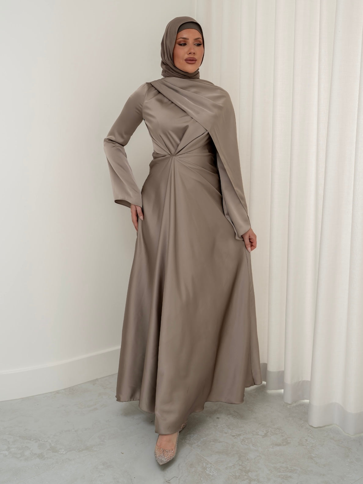 AURORA DRAPE FORMAL DRESS- TAUPE