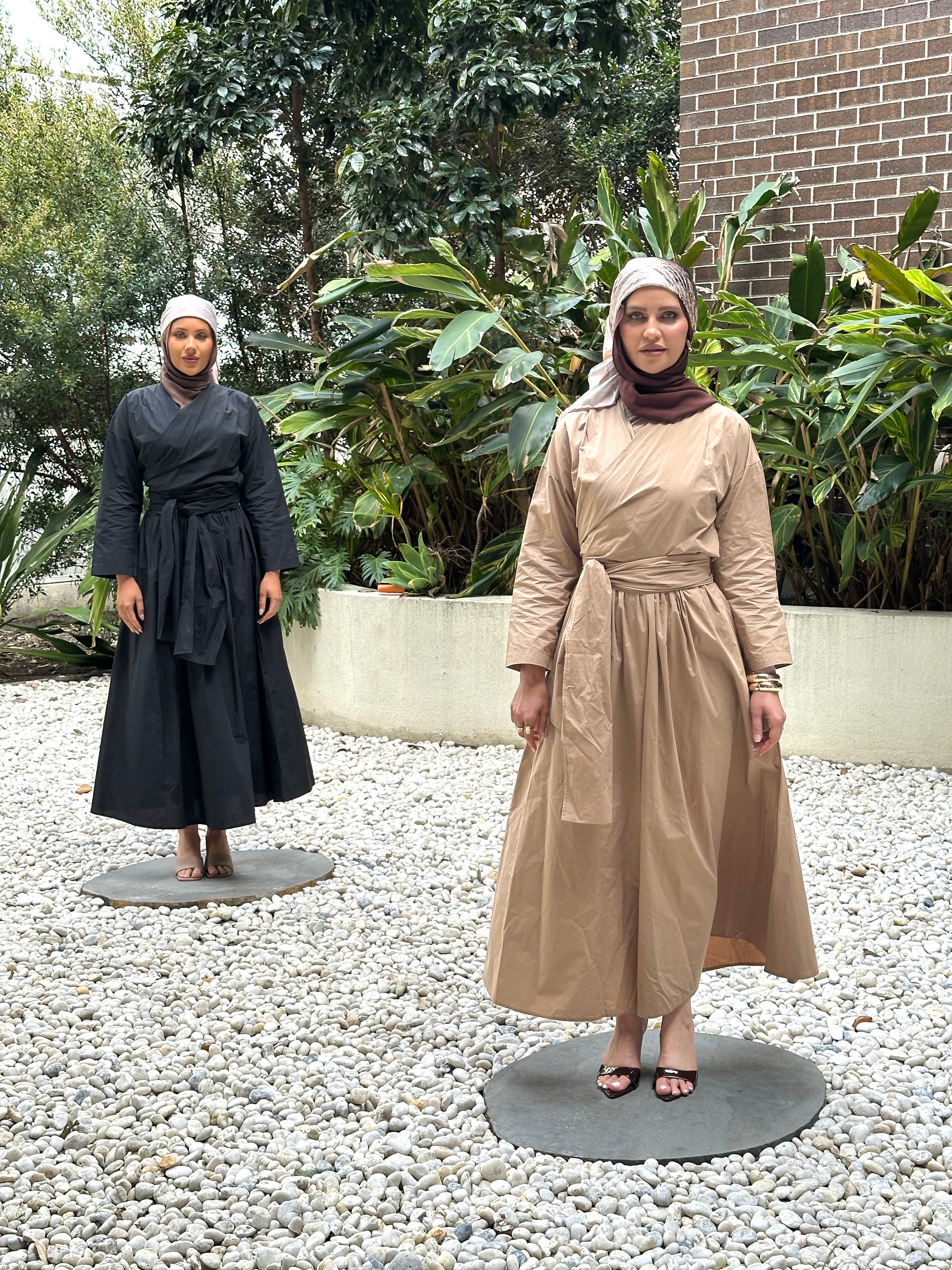 women's co-ord modest set, spring/summer, lightweight wrap long-sleeve top and maxi full length skirt in camel and black