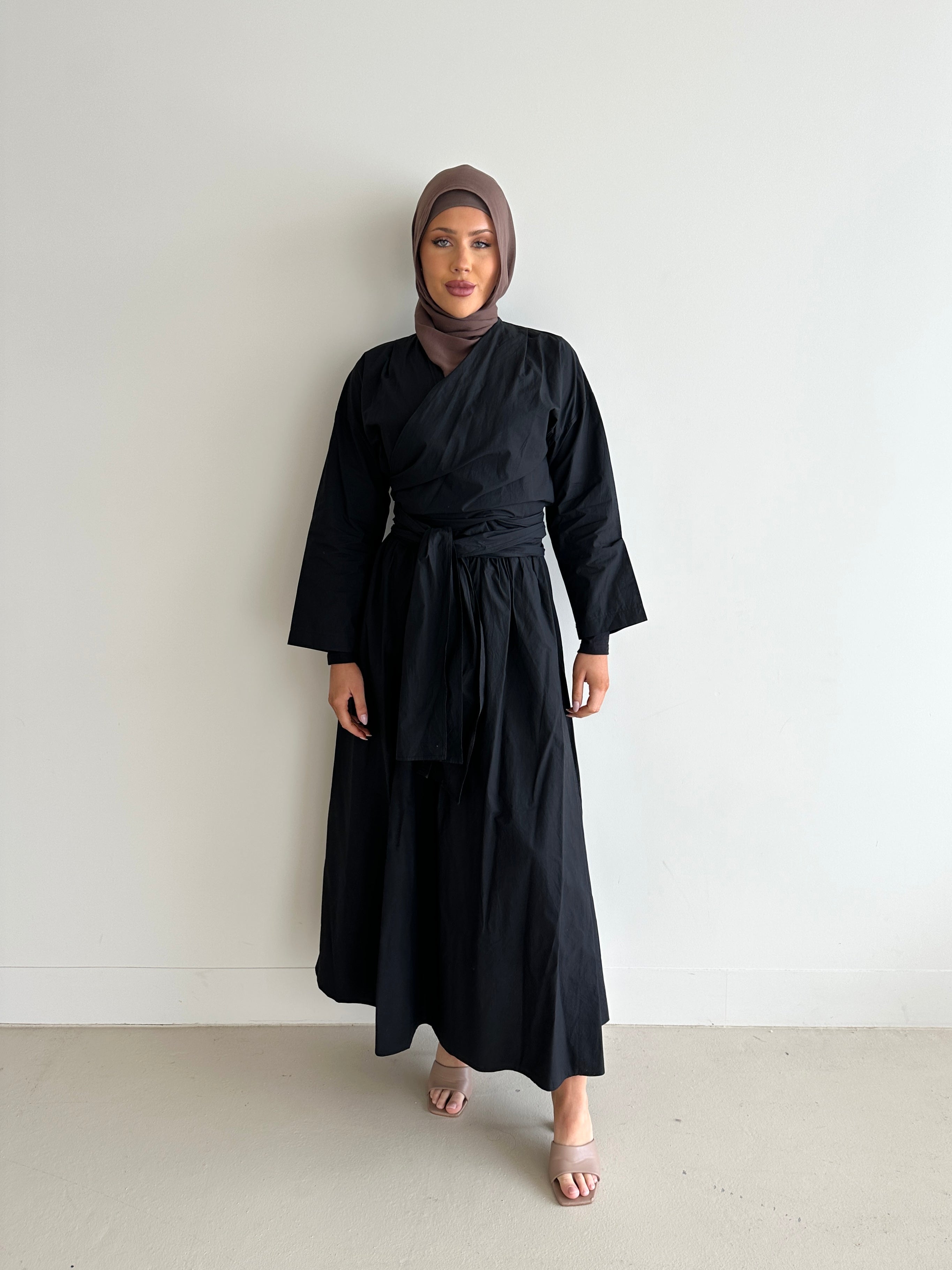 women's co-ord modest set, spring/summer, lightweight wrap long-sleeve top and maxi full length skirt in camel and black