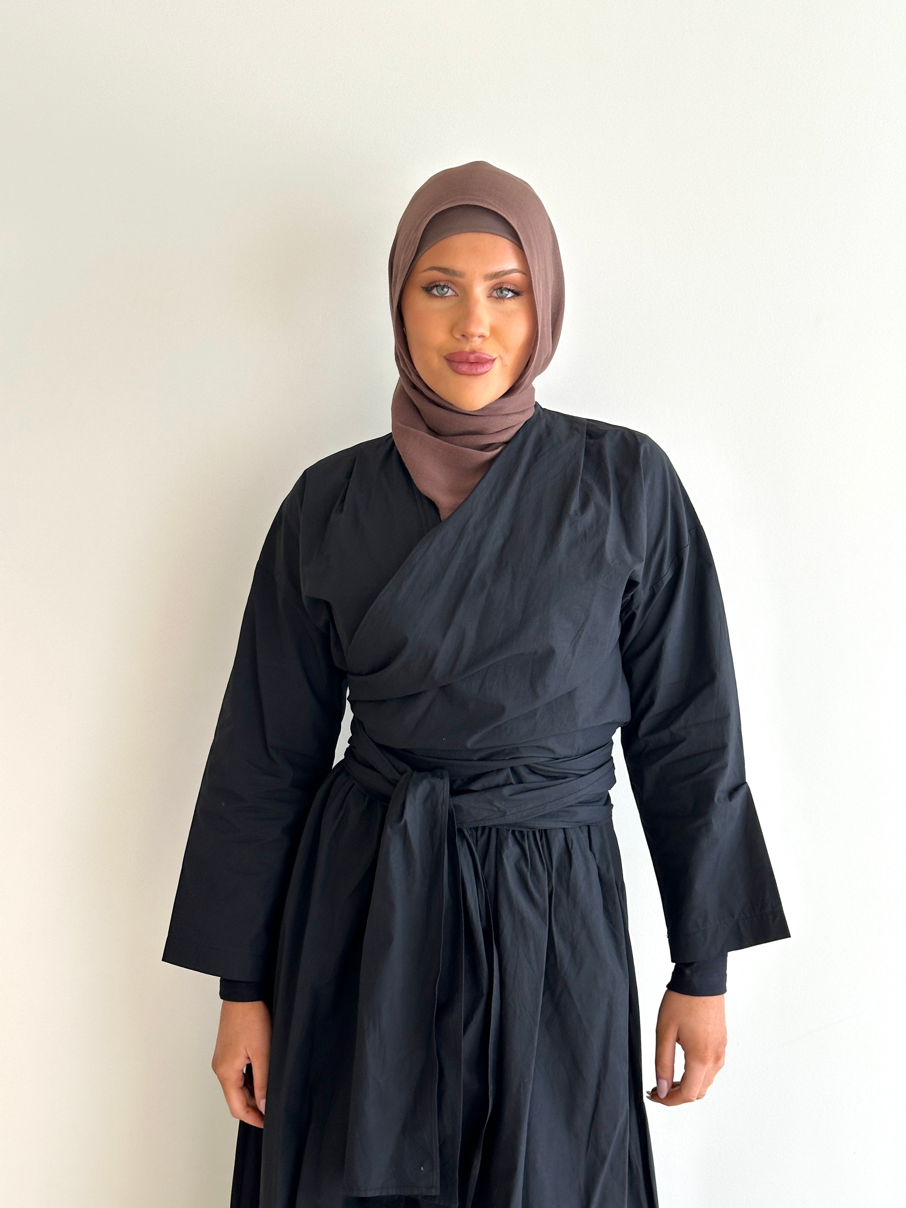 women's co-ord modest set, spring/summer, lightweight wrap long-sleeve top and maxi full length skirt in camel and black