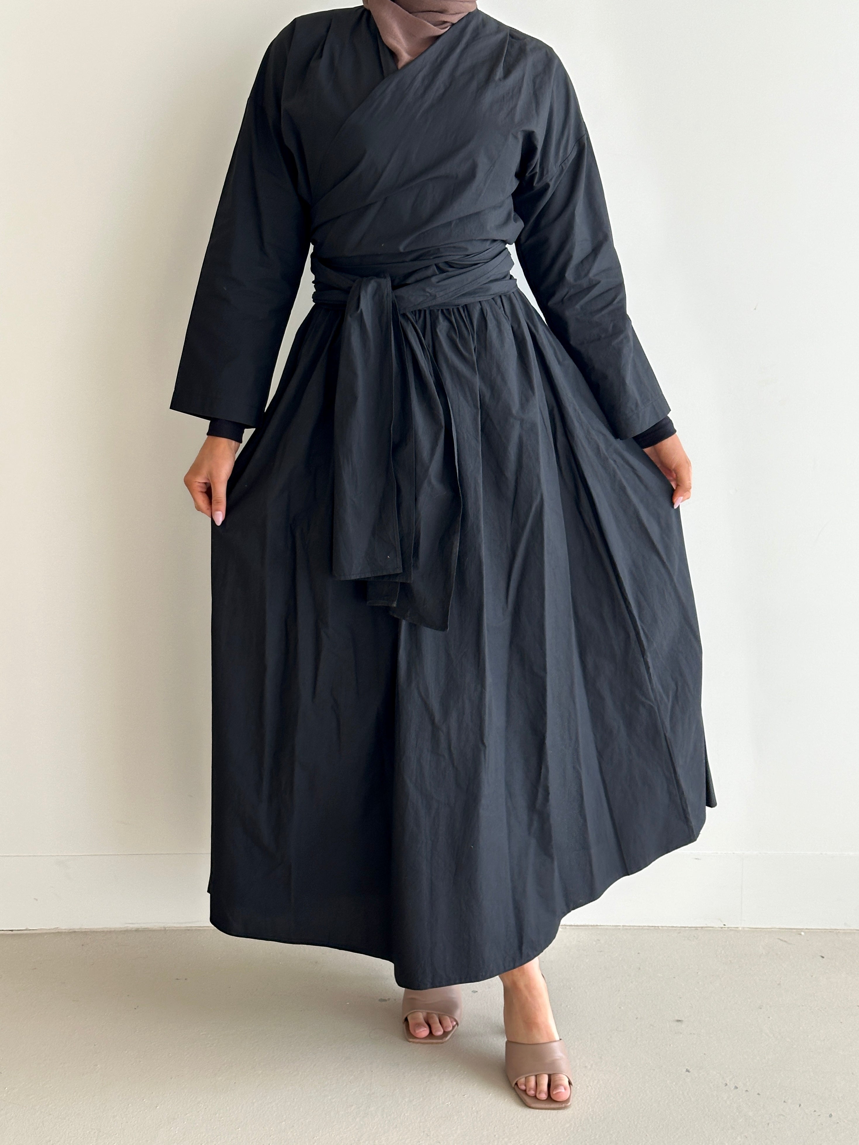 women's co-ord modest set, spring/summer, lightweight wrap long-sleeve top and maxi full length skirt in camel and black