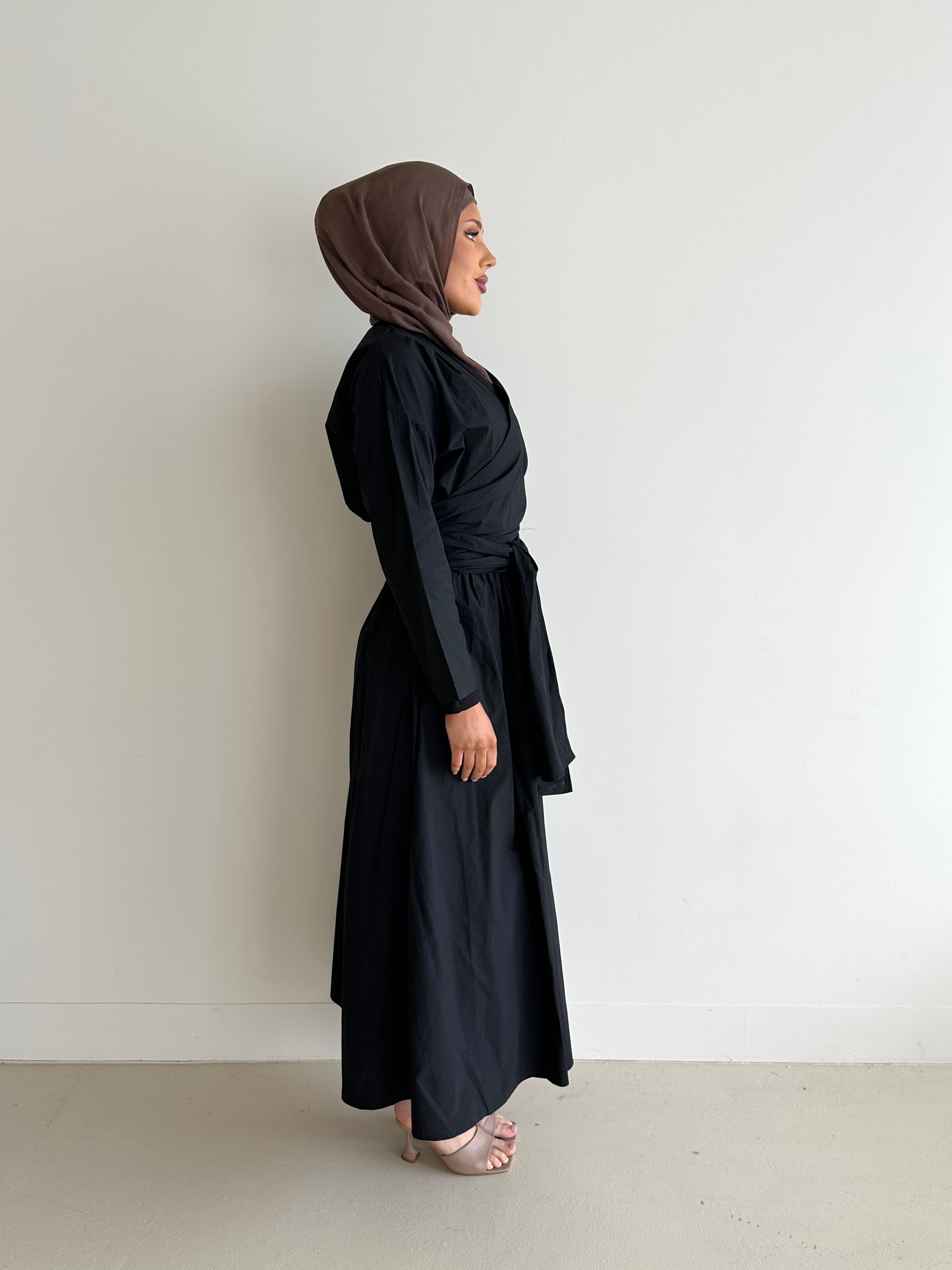 women's co-ord modest set, spring/summer, lightweight wrap long-sleeve top and maxi full length skirt in camel and black