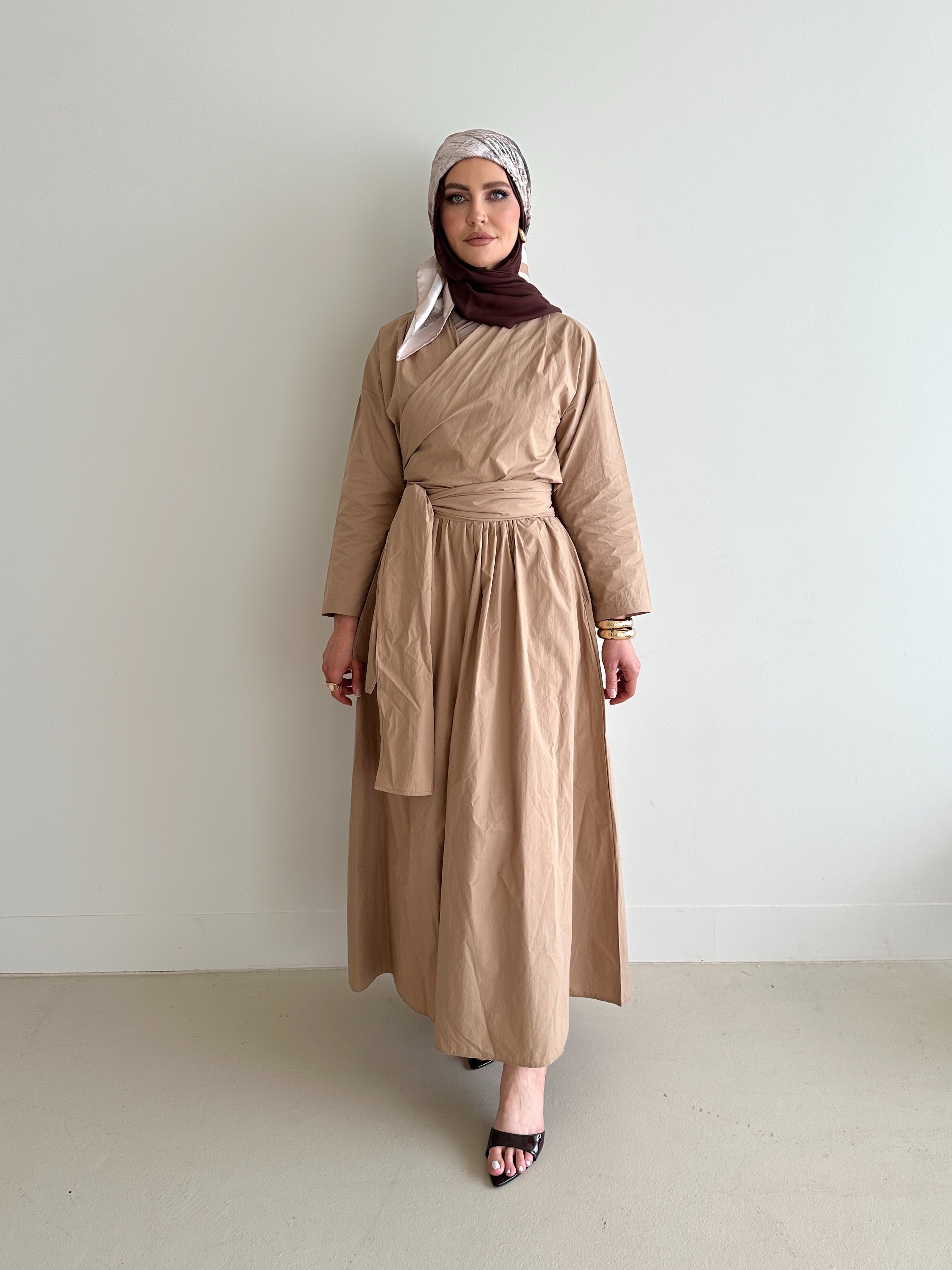 women's co-ord modest set, spring/summer, lightweight wrap long-sleeve top and maxi full length skirt in camel and black