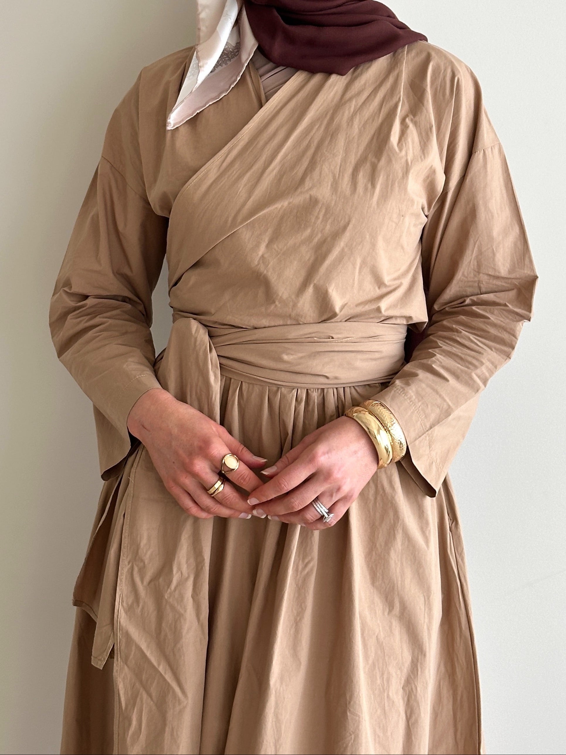 women's co-ord modest set, spring/summer, lightweight wrap long-sleeve top and maxi full length skirt in camel and black