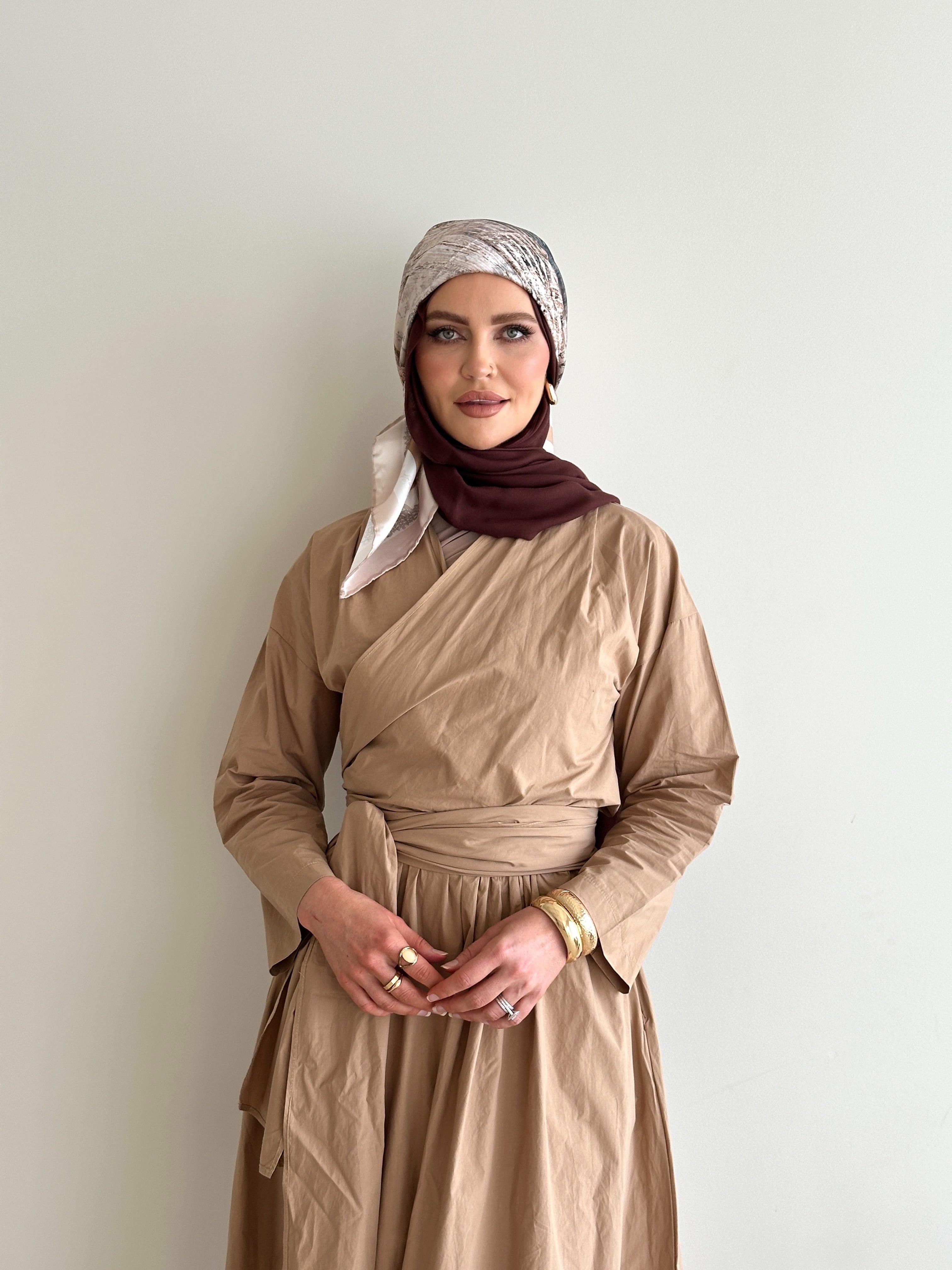 women's co-ord modest set, spring/summer, lightweight wrap long-sleeve top and maxi full length skirt in camel and black