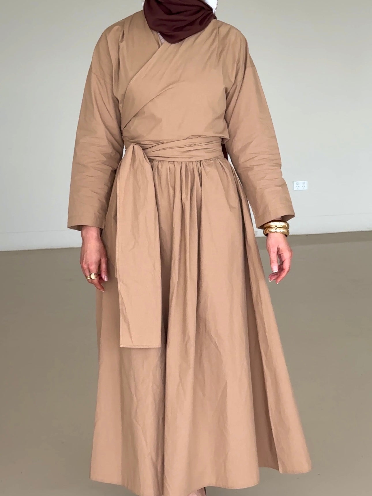 women's co-ord modest set, spring/summer, lightweight wrap long-sleeve top and maxi full length skirt in camel and black