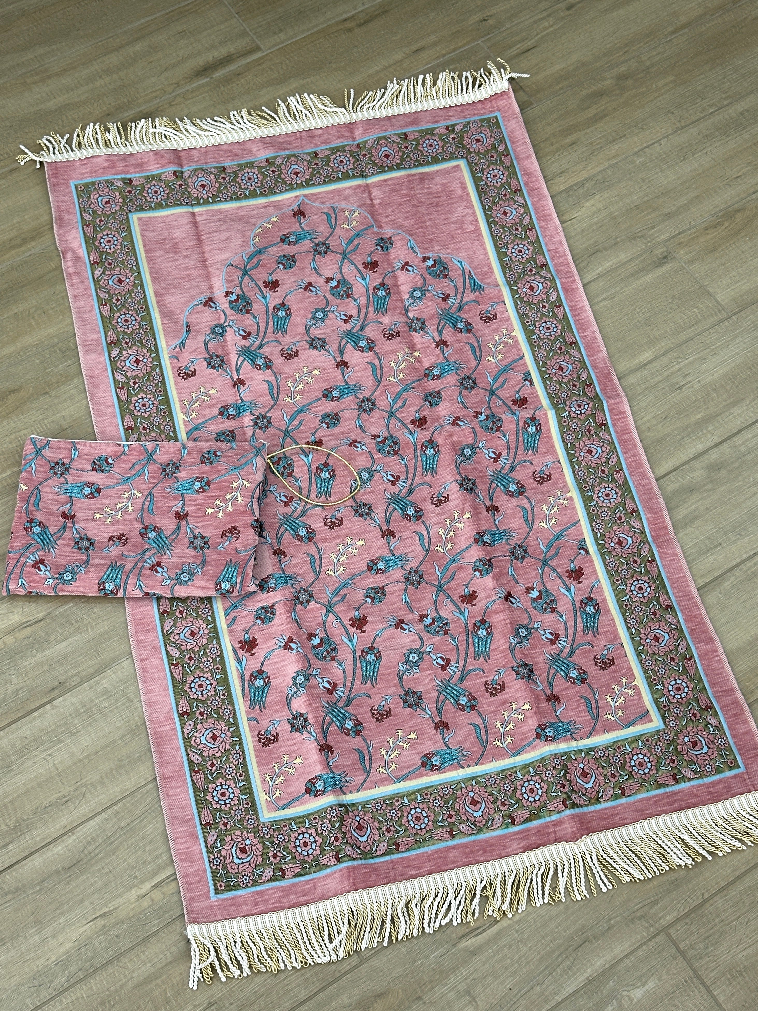 Embroidered Travel Prayer Mat with delicate embroidery, lightweight and portable for use on the go. Ideal for handbags, cars, work totes, or travel, providing a practical and elegant solution for performing salah anywhere.