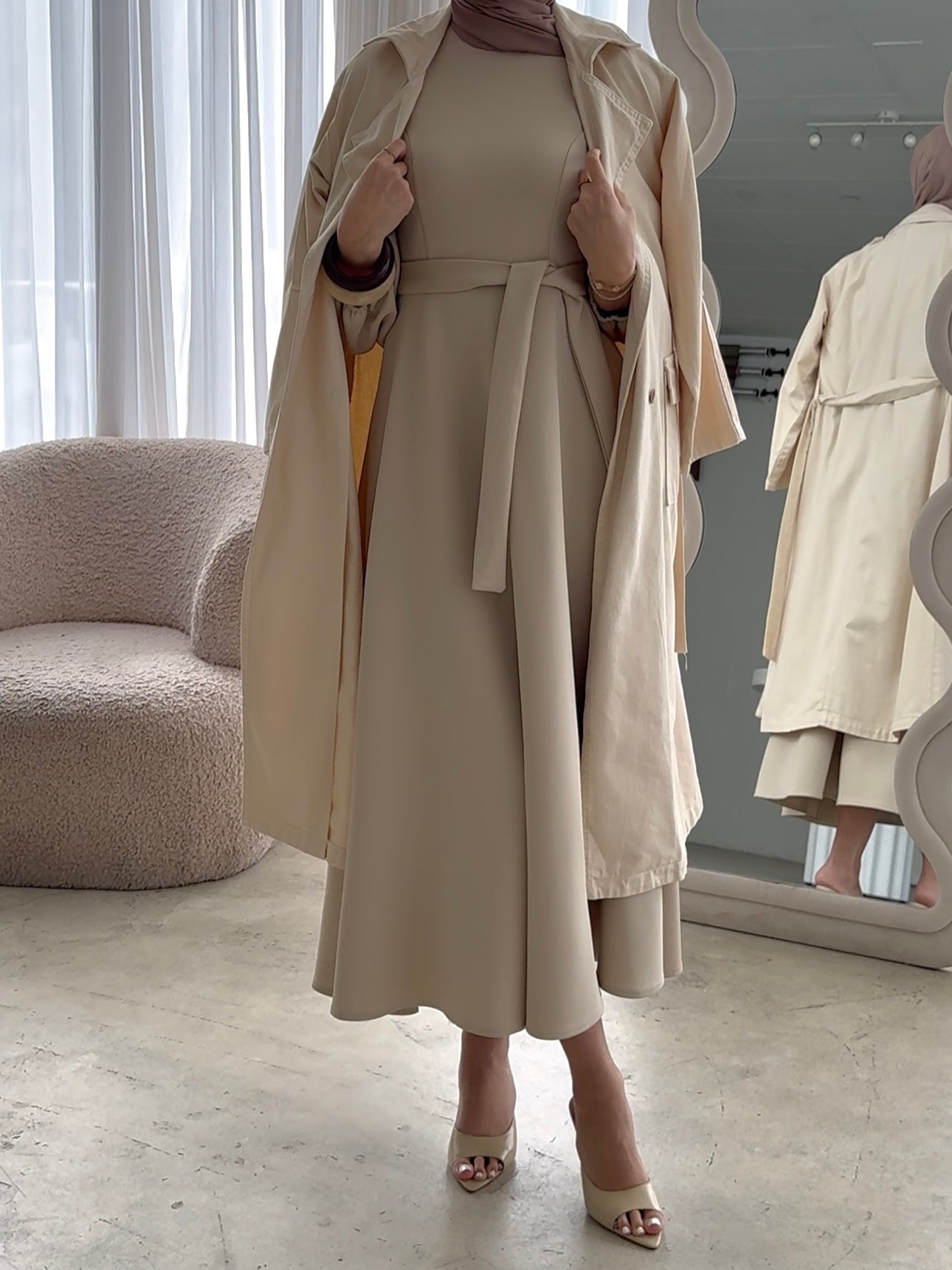 Lightweight trench coat with detachable waist tie long sleeves modest outerwear