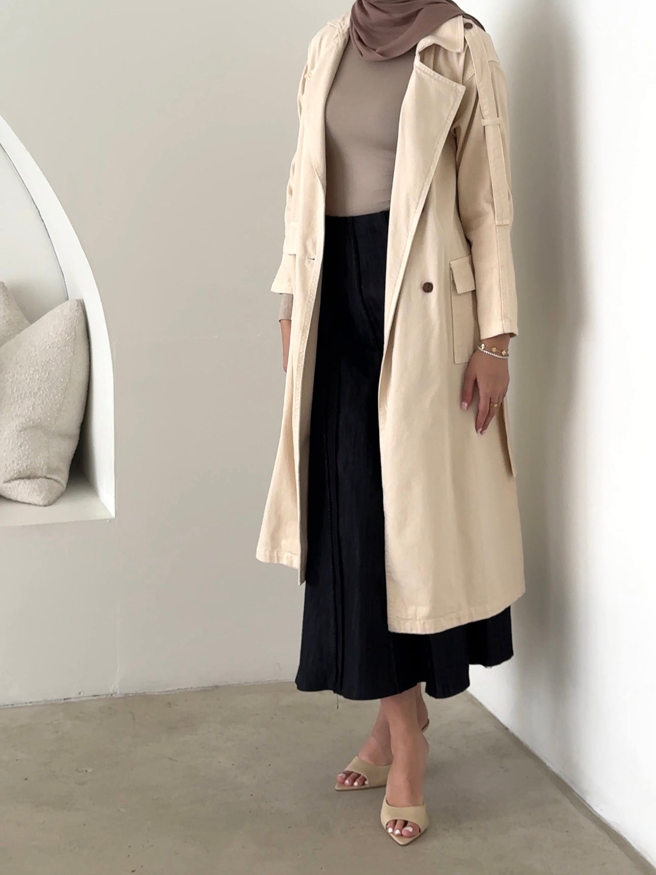 Lightweight trench coat with detachable waist tie long sleeves modest outerwear