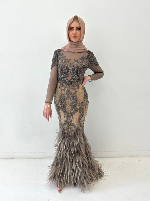 TERANI FEATHER HIRE GOWN