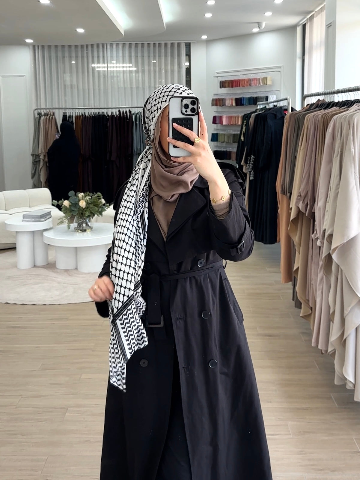 Modal Keffiyeh Print Hijab featuring a traditional keffiyeh-inspired pattern, measuring 180cm x 70cm. Soft, lightweight fabric with generous coverage. A portion of proceeds supports relief efforts in Palestine and Lebanon.