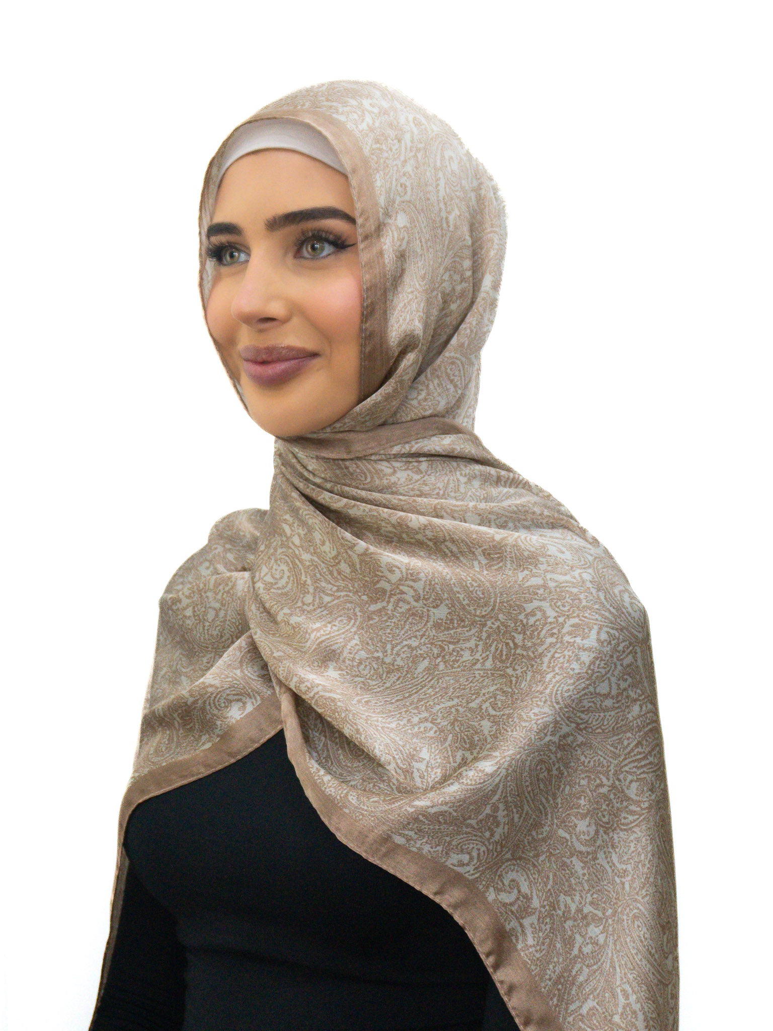 Silk Look printed hijab in lightweight satin-finish polyester with abstract border design, 68cm x 190cm.