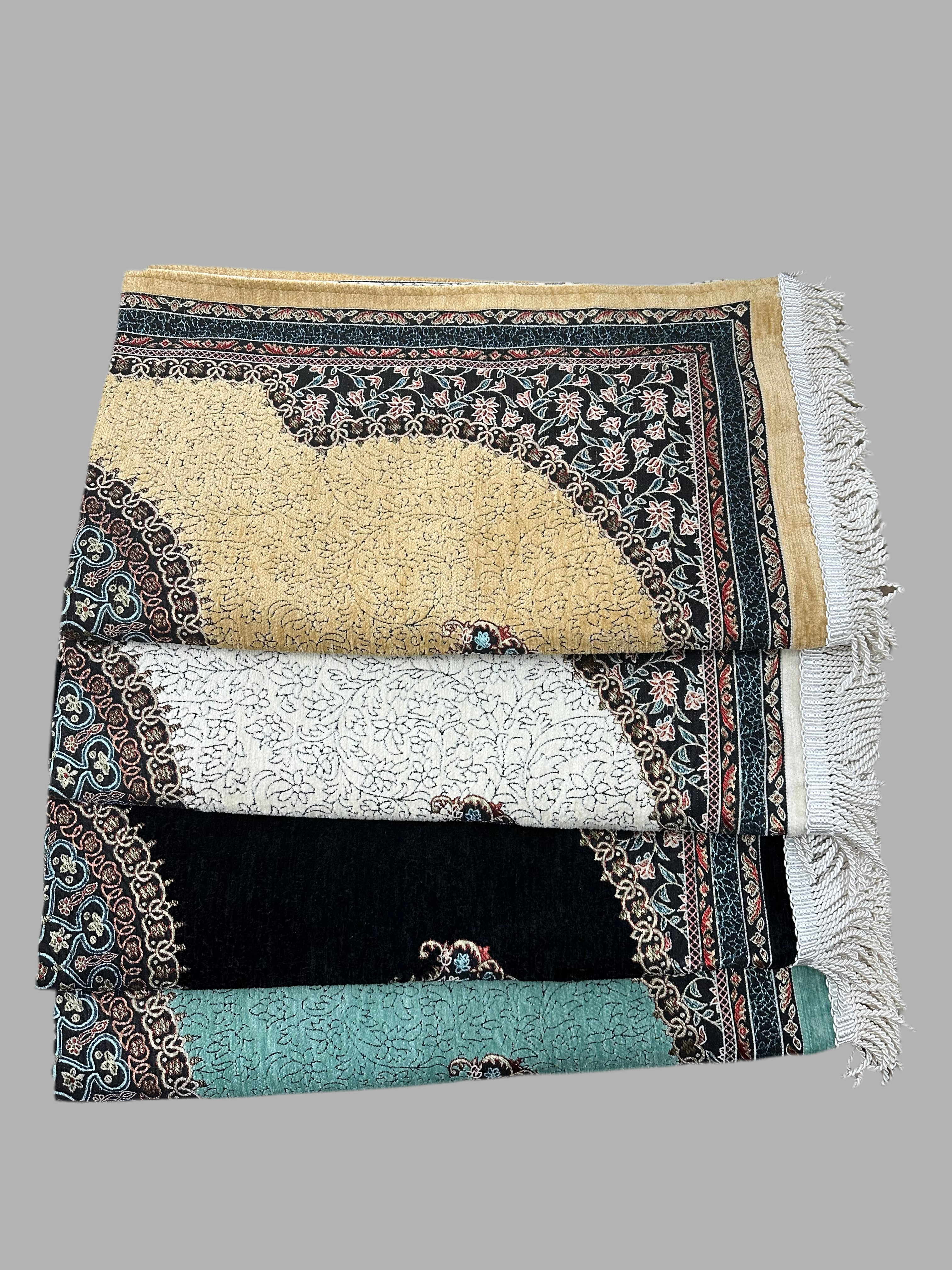 Soft cushioned prayer mat with braided fringe and traditional floral pattern 70cm x 120cm