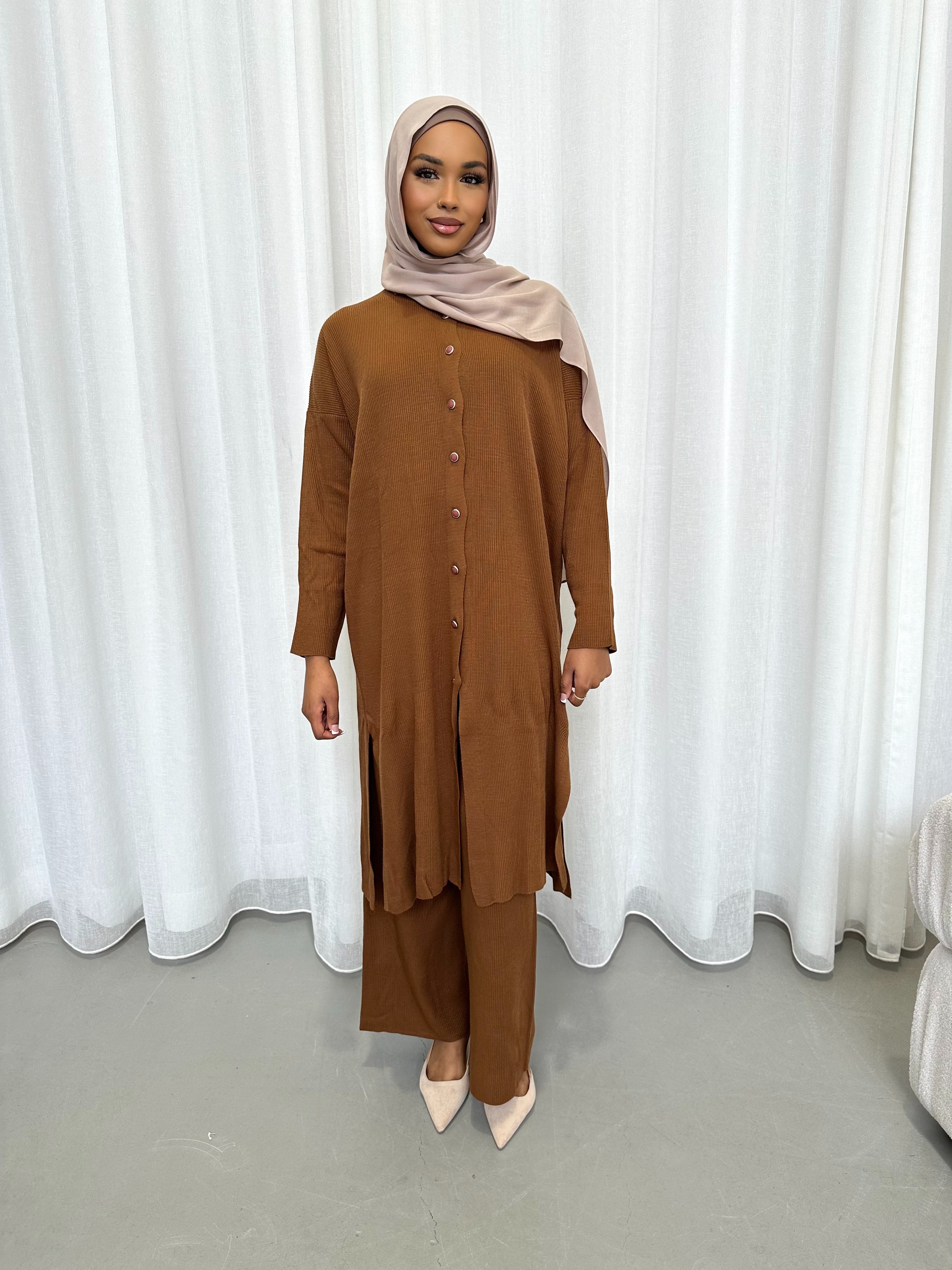 Nadine knit set longline button cardigan with wide leg trousers soft acrylic