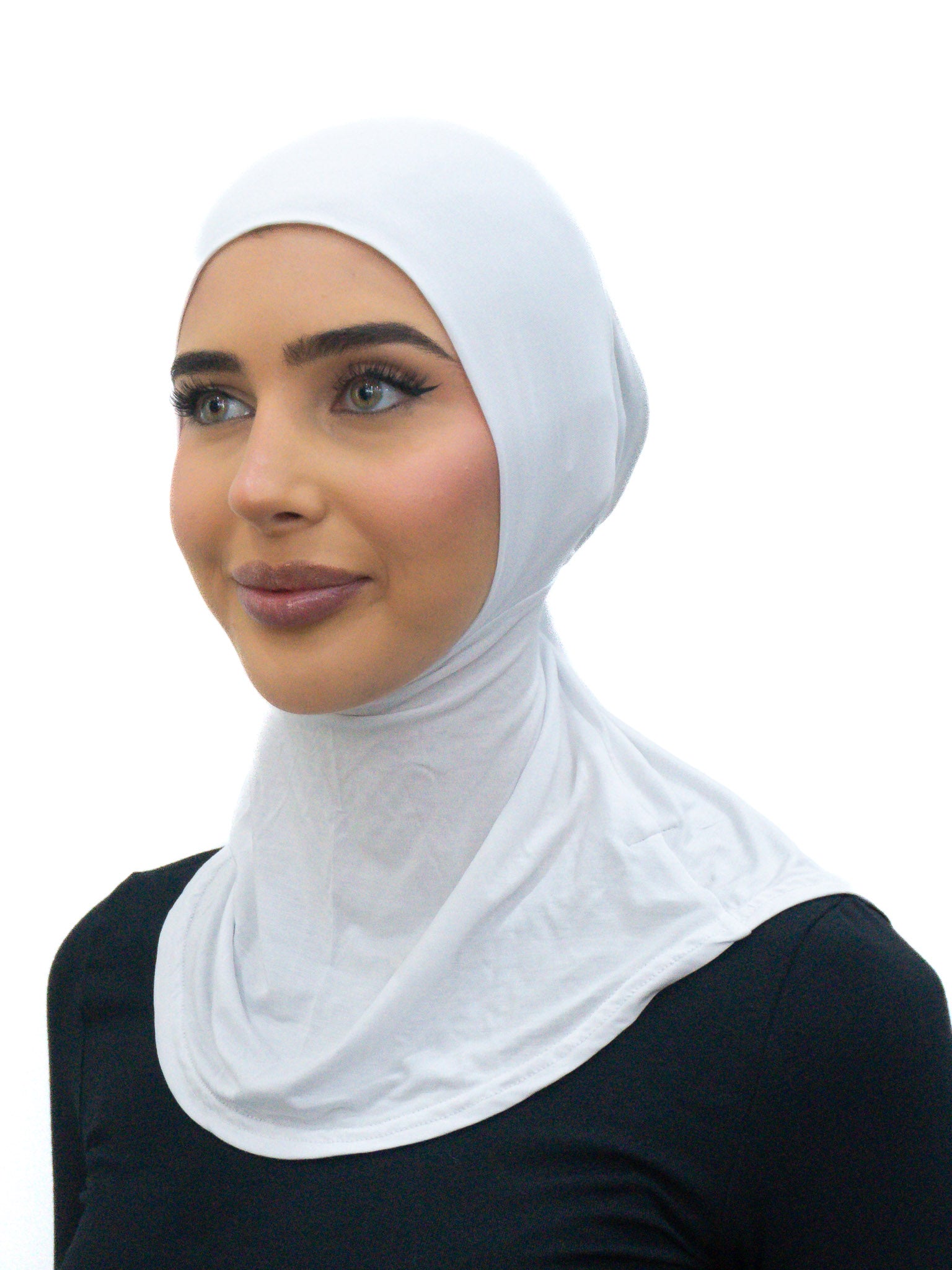 Full coverage neck tie cap ninja undercap in soft bamboo stretch fabric with integrated neck cover and secure fit.