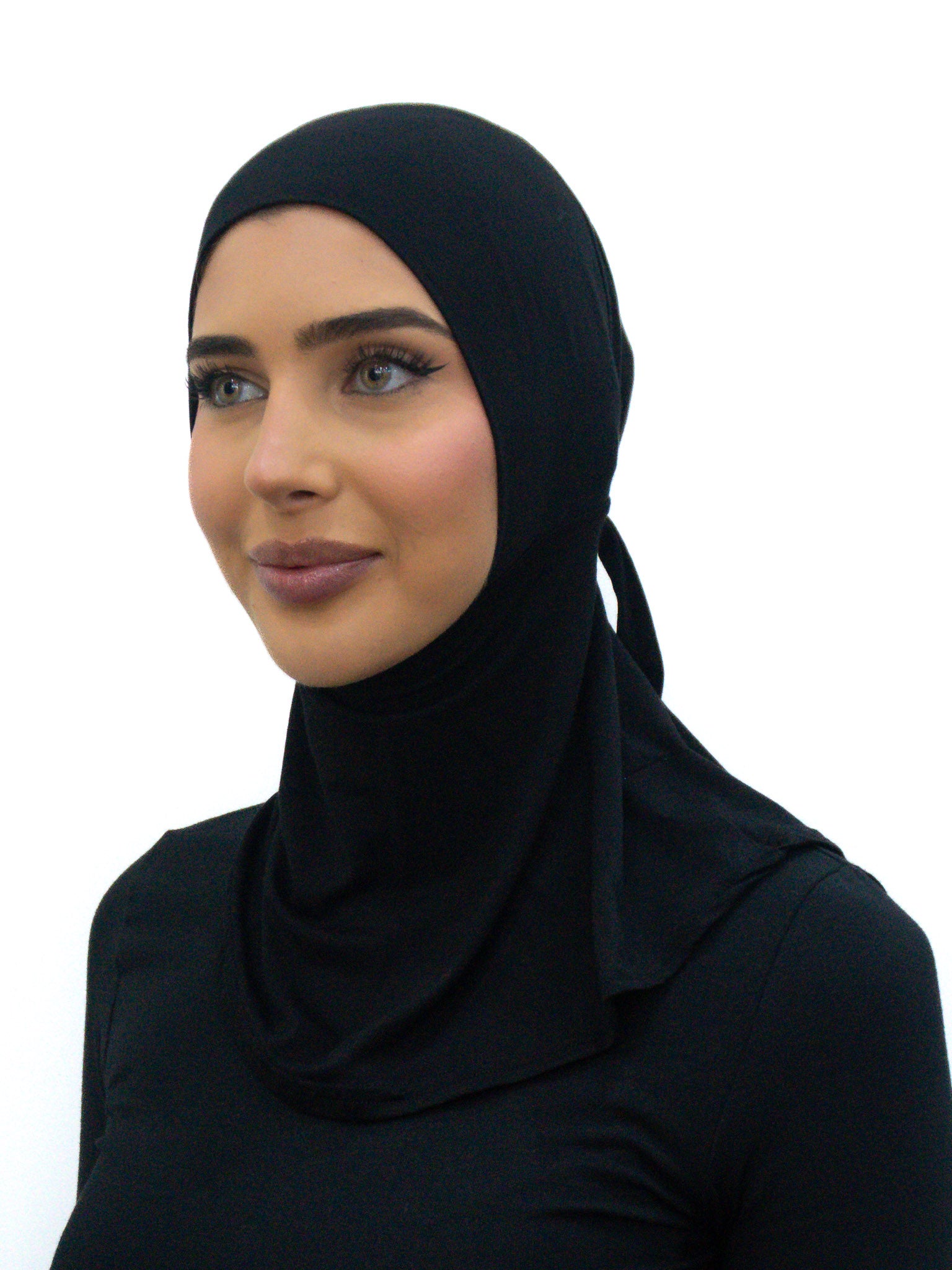 Full coverage neck tie cap ninja undercap in soft bamboo stretch fabric with integrated neck cover and secure fit.