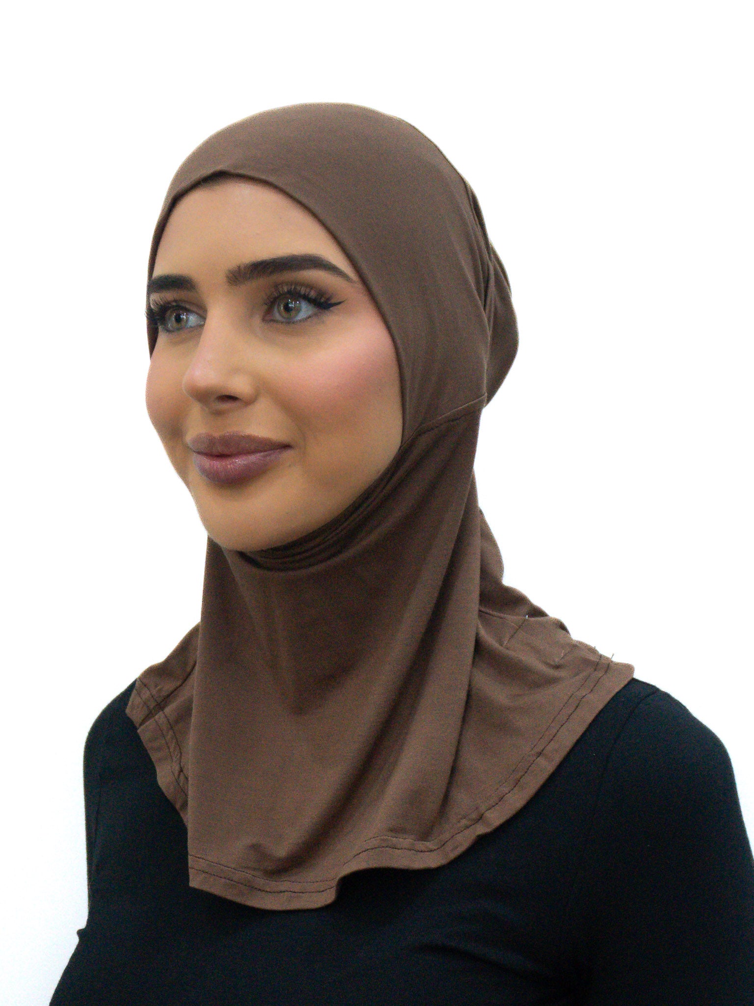 Brown Neck Tie Cap full coverage ninja undercap in soft bamboo stretch fabric with integrated neck cover and secure pull-on fit.