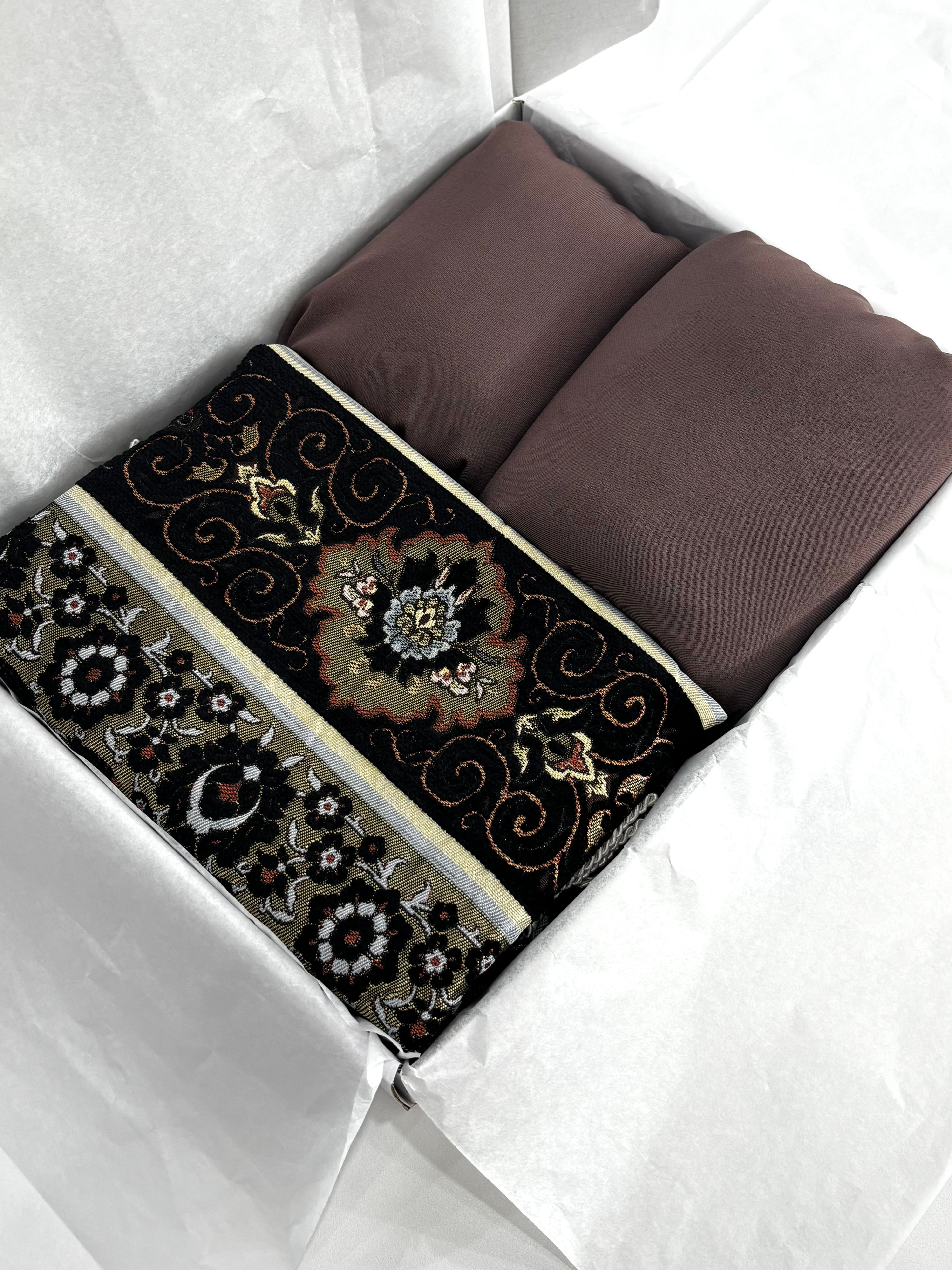 Prayer Gift Box includes a beautifully crafted Travel Prayer Mat and a modest Prayer Set — thoughtfully curated for everyday salah, Ramadan, and special occasions.