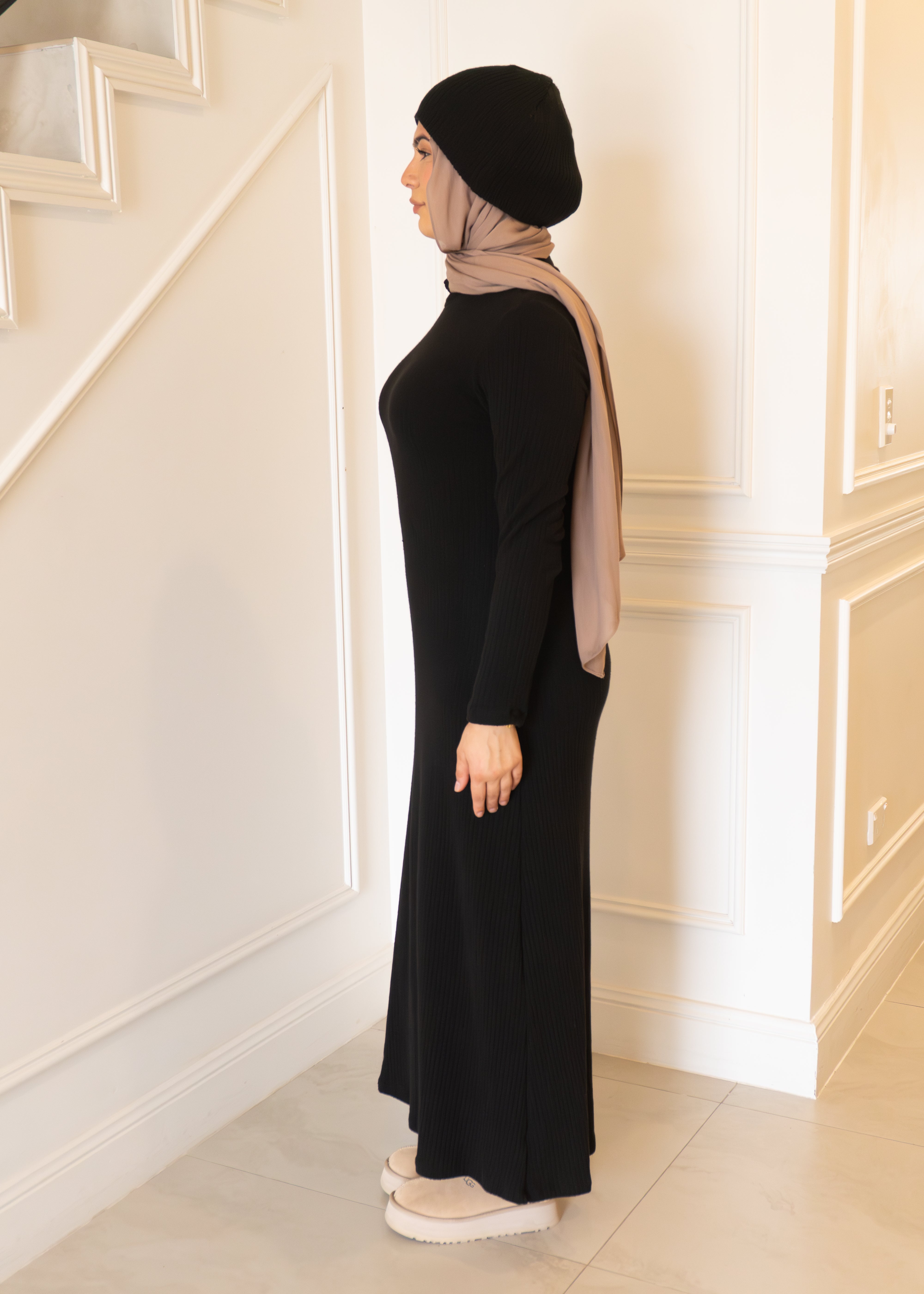 Ribbed knit maxi dress high neck long sleeve fluted hem modest style