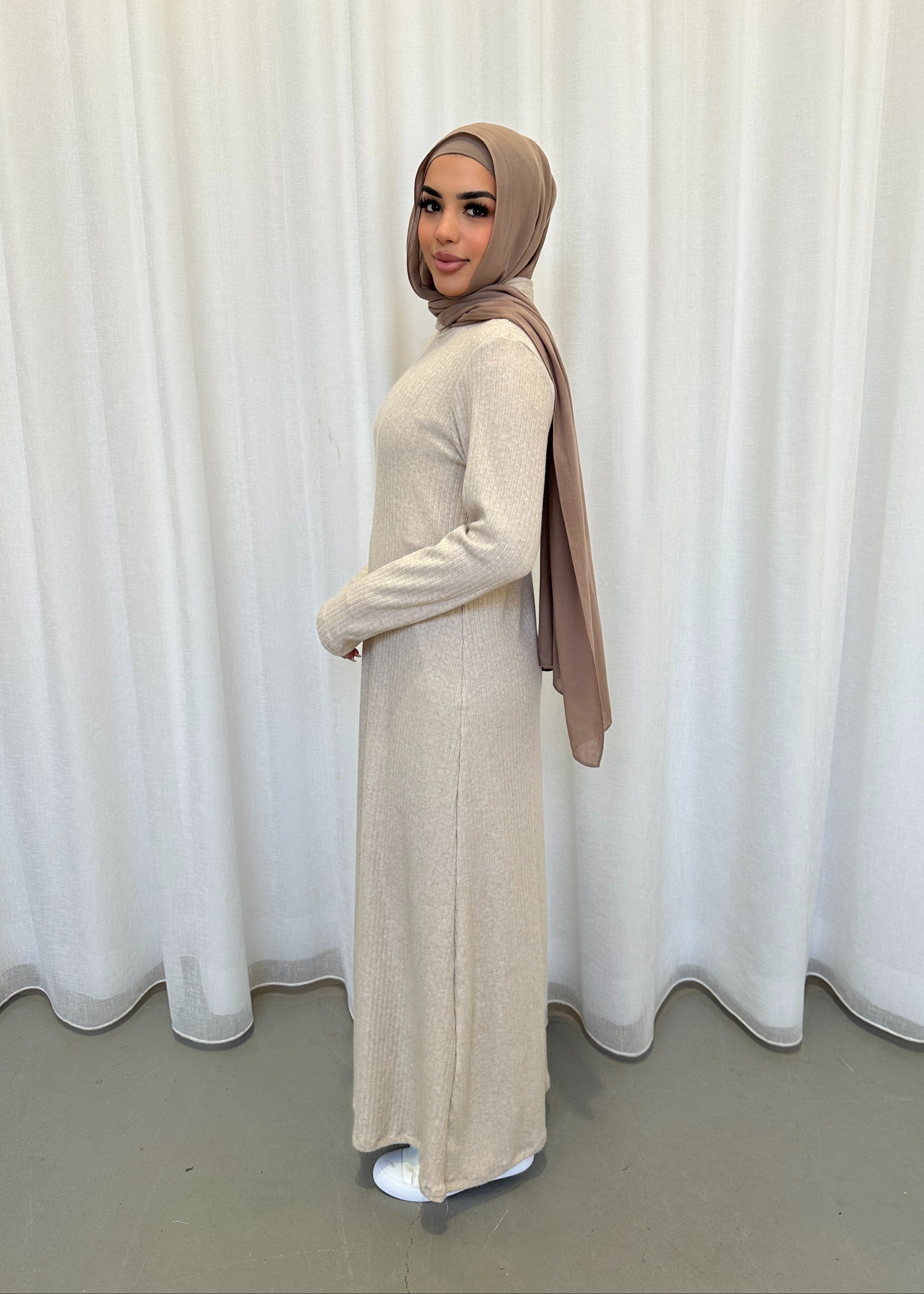 Ribbed knit maxi dress high neck long sleeve fluted hem modest style