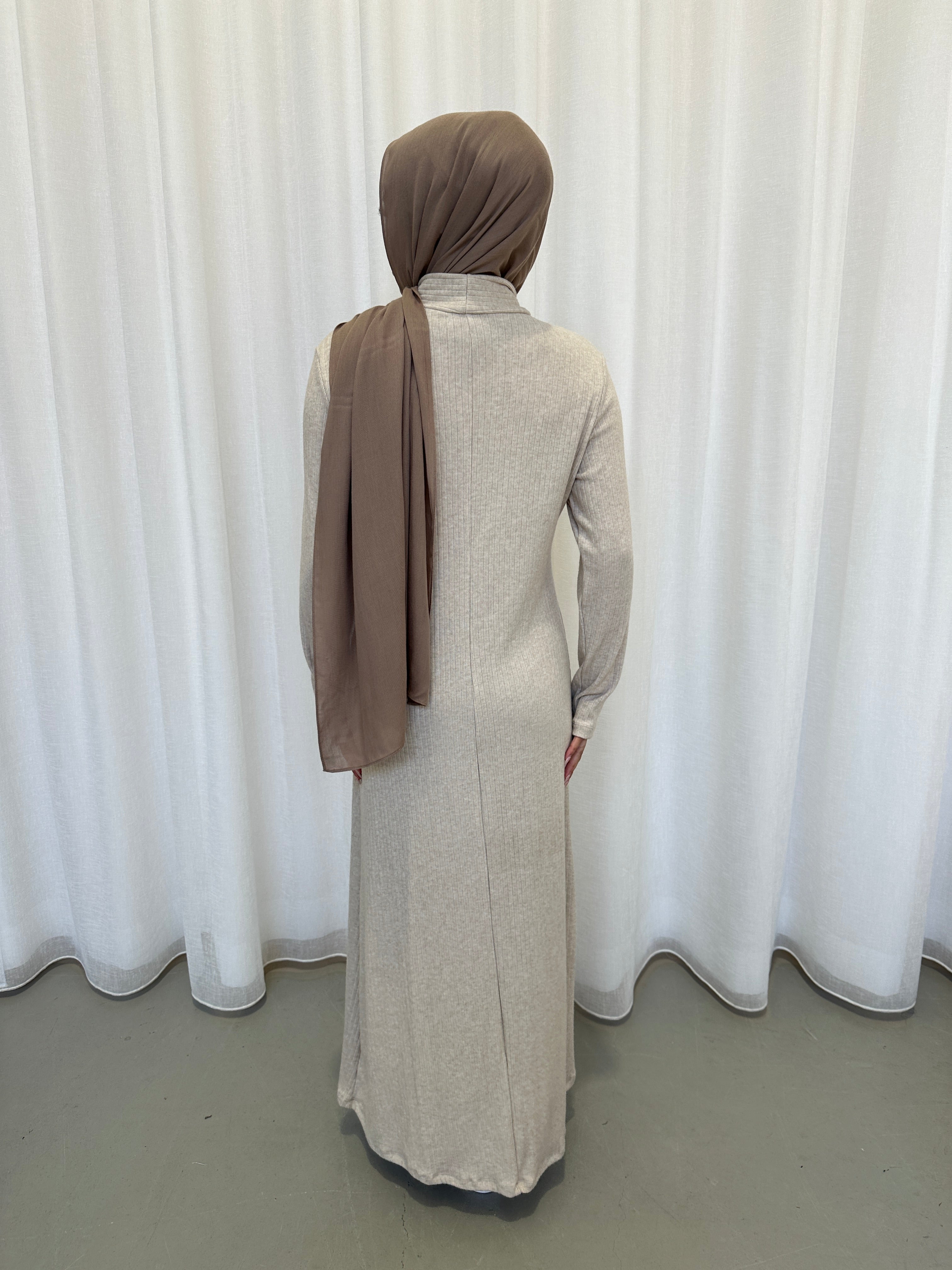 Ribbed knit maxi dress high neck long sleeve fluted hem modest style