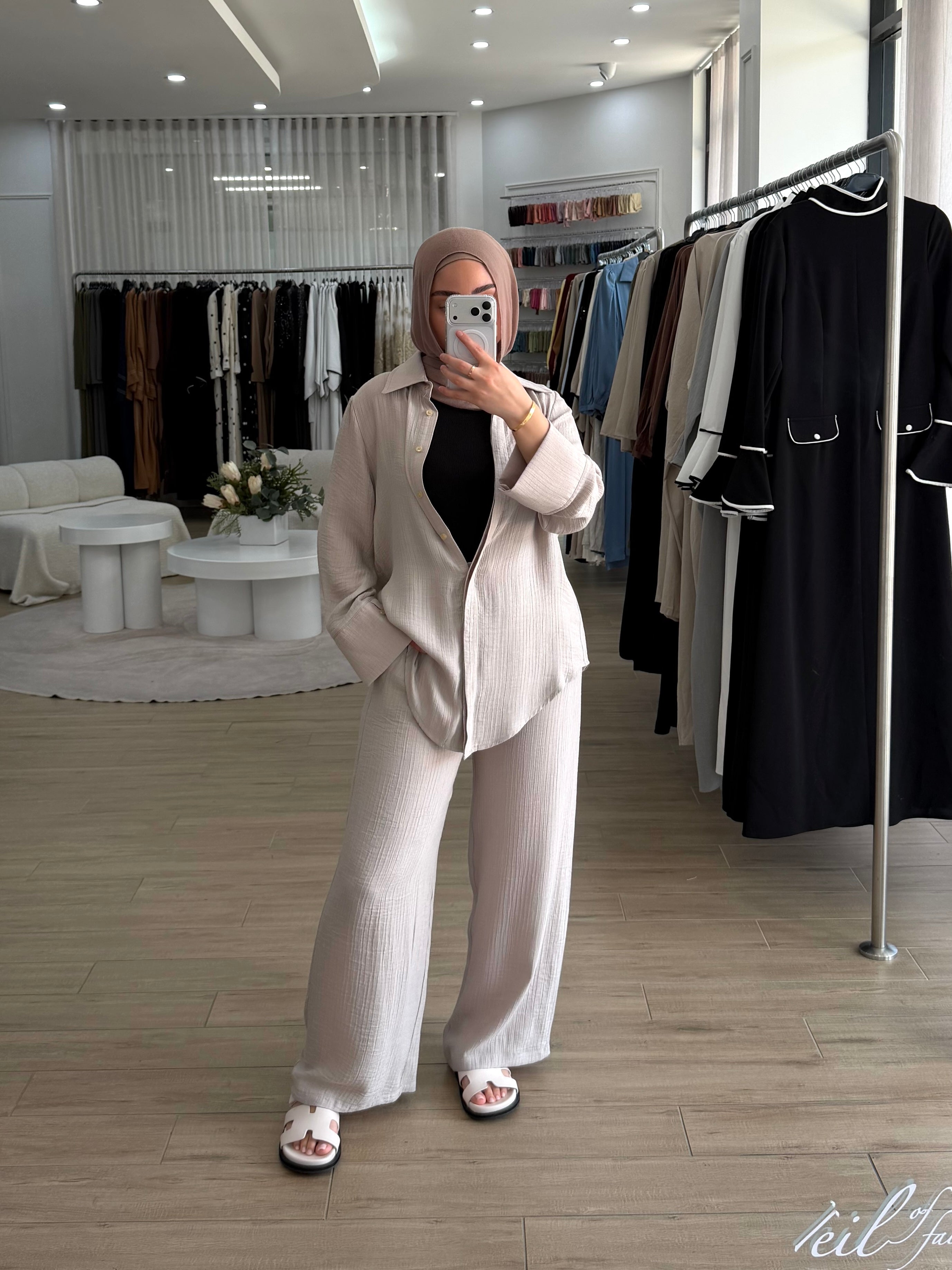 A beautifully coordinated two-piece outfit designed for simple sophistication. This set includes a relaxed-fit top and matching pants, crafted to make refined modest dressing easier than ever.
