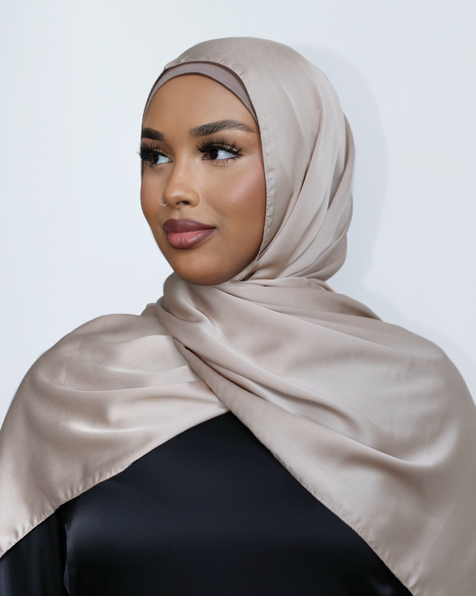 silk look formal hijab in nude shade